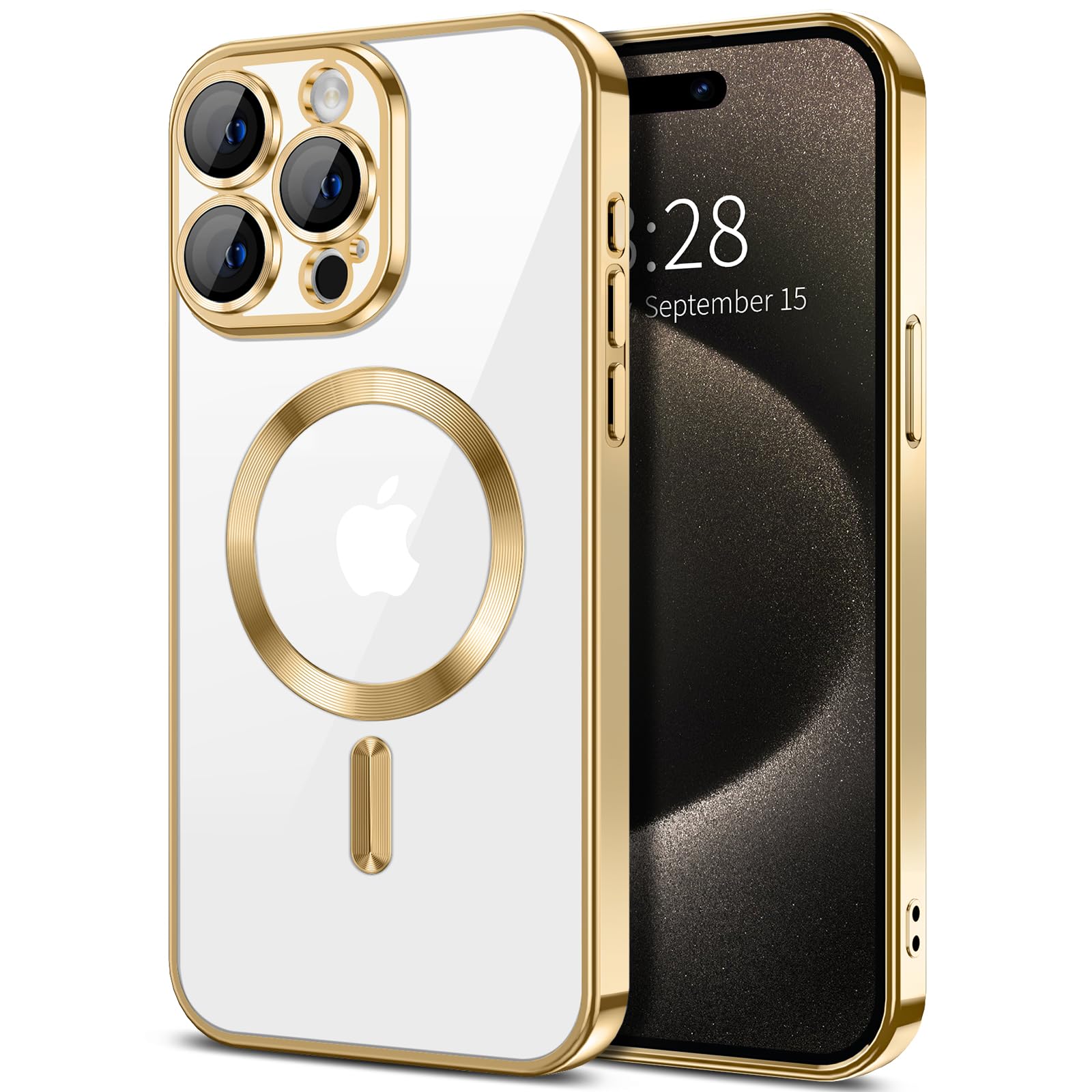 Photo 1 of Hython Magnetic Clear for iPhone 15 Pro Case with Camera Lens Protector [Compatible with MagSafe] Luxury Plating Edge Slim Soft TPU Cover Protective Phone Case for iPhone 15 Pro 6.1", Gold