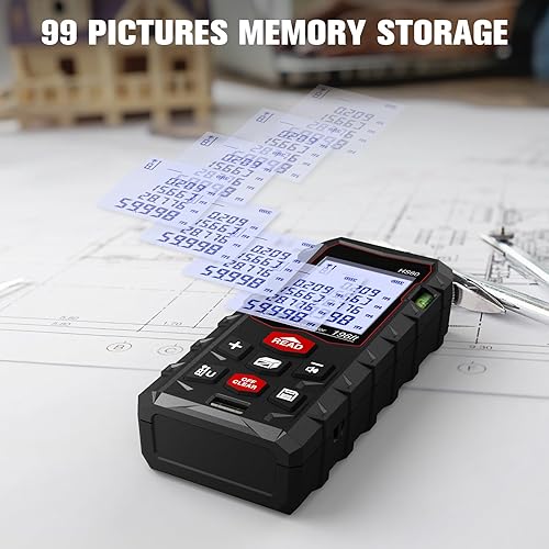 Miniatura 7 de Laser Measure 196ft, Charcity Laser Distance Meter 60M(MinF) with 2 Bubble Levels, Mute Function IP54 Waterproof Large LCD Backlit, for Pythagorean