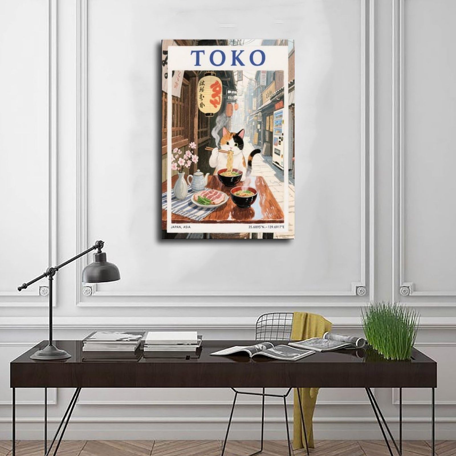 QIOTBVV Bedrucktes Poster mit Katze und Nudeln, Motiv: Tokio Straßenszene, Atmosphäre, Leinwand-Poster, Wandkunst, Dekor, Bild, Gemälde für Wohnzimmer, Schlafzimmer, Dekoration, 61 x 91,4 cm (L x B)