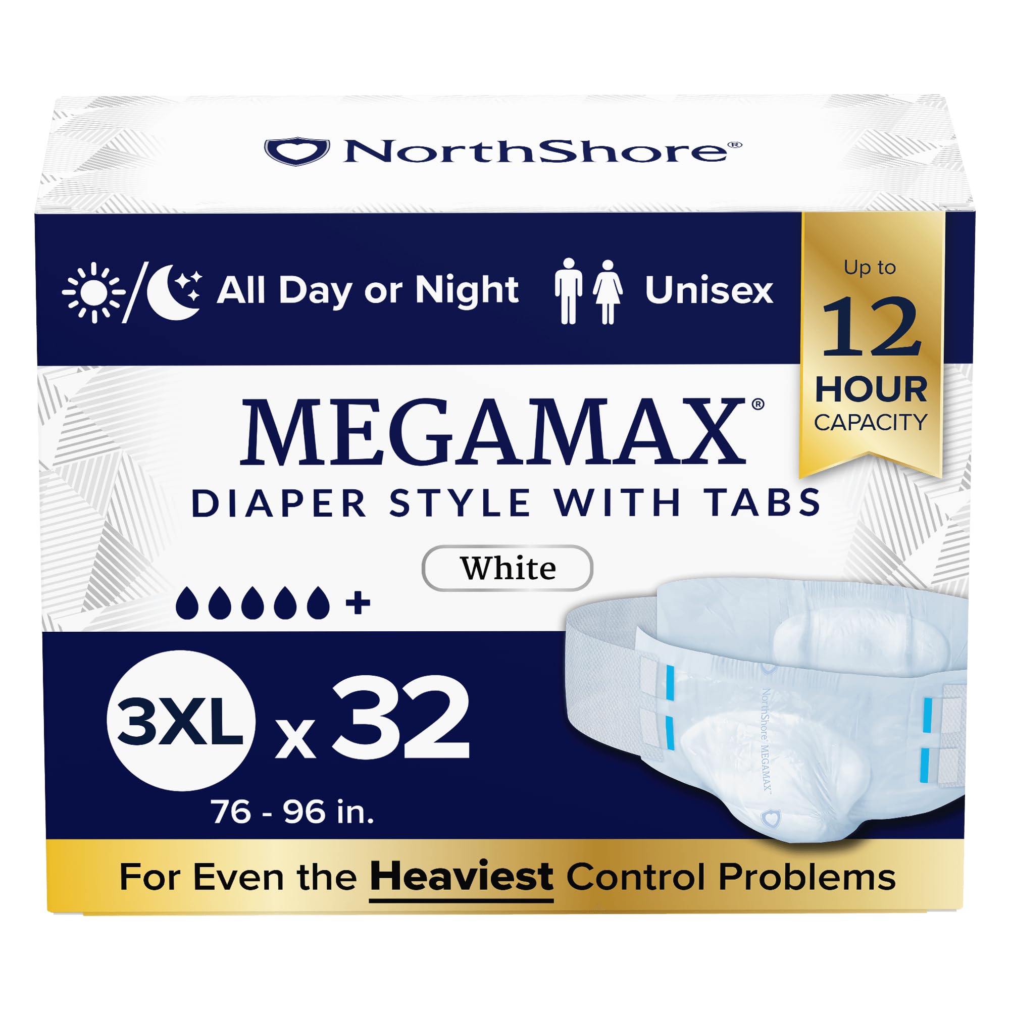 NorthShore MegaMax Adult Overnight Diapers, 12-Hour Tab-Style, 3X-Large, 32 Count Case, White, 76-96 inches, Unisex Incontinence Underwear