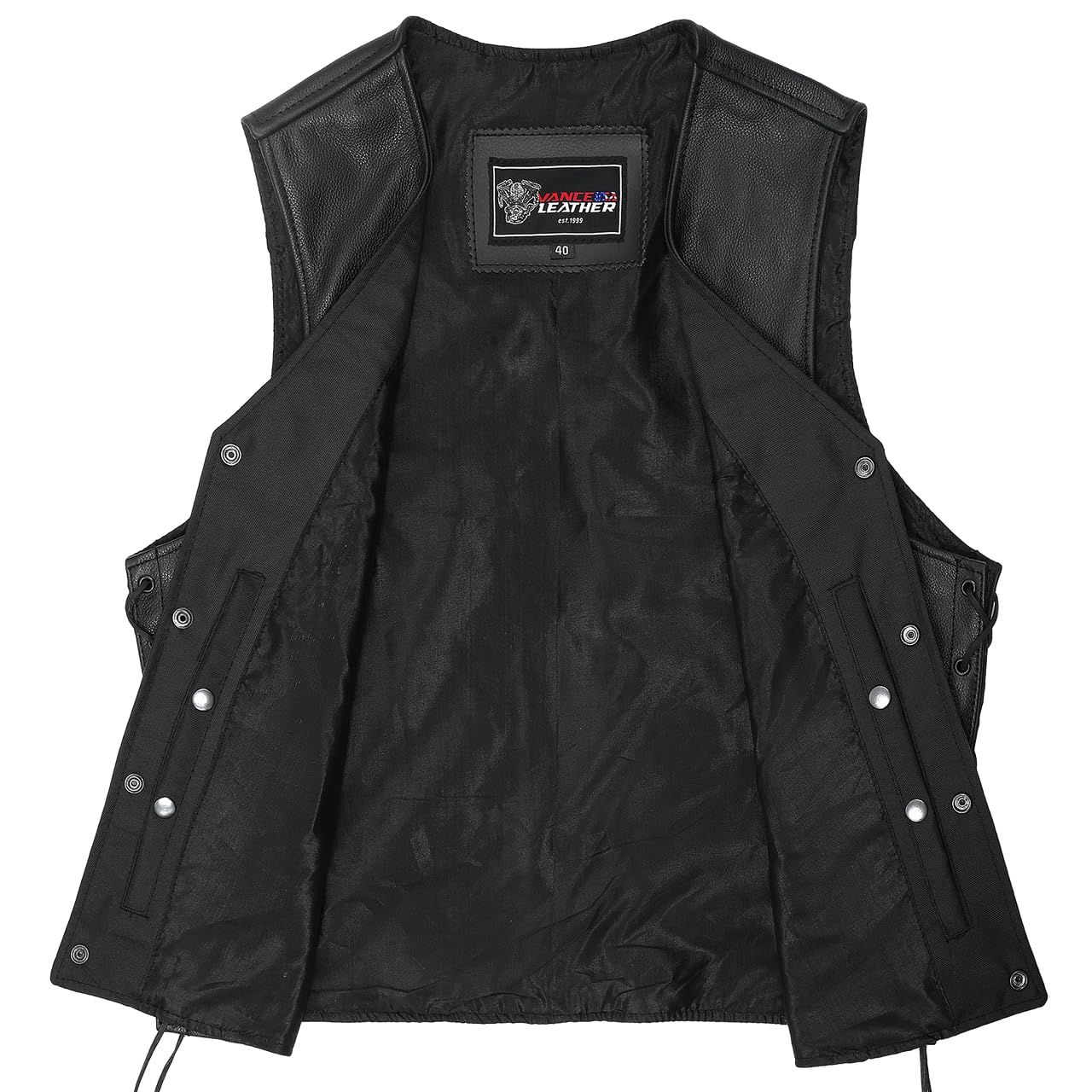 Vance Leather Mens Premium Leather Motorcycle Vest Club Style With Adjustable Laces CCW Pockets Black, X-large