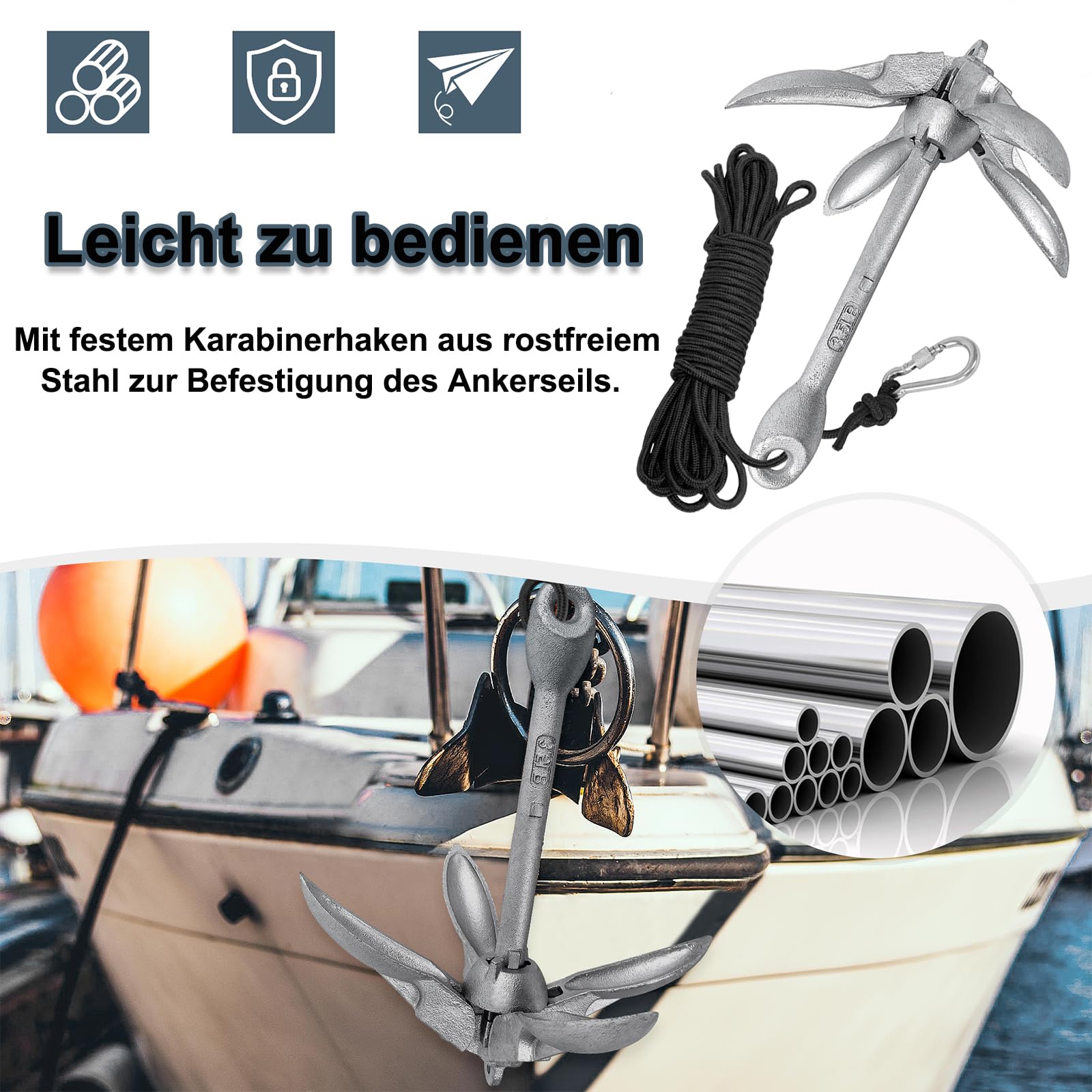 Bootsanker, Faltbar Ankerset inklusive Ankerboje, Ankerleine mit Karabiner, Kugel, Transportbeutel,Verzinkt Anker für Boot SUP Kajak Kanu Motorboat