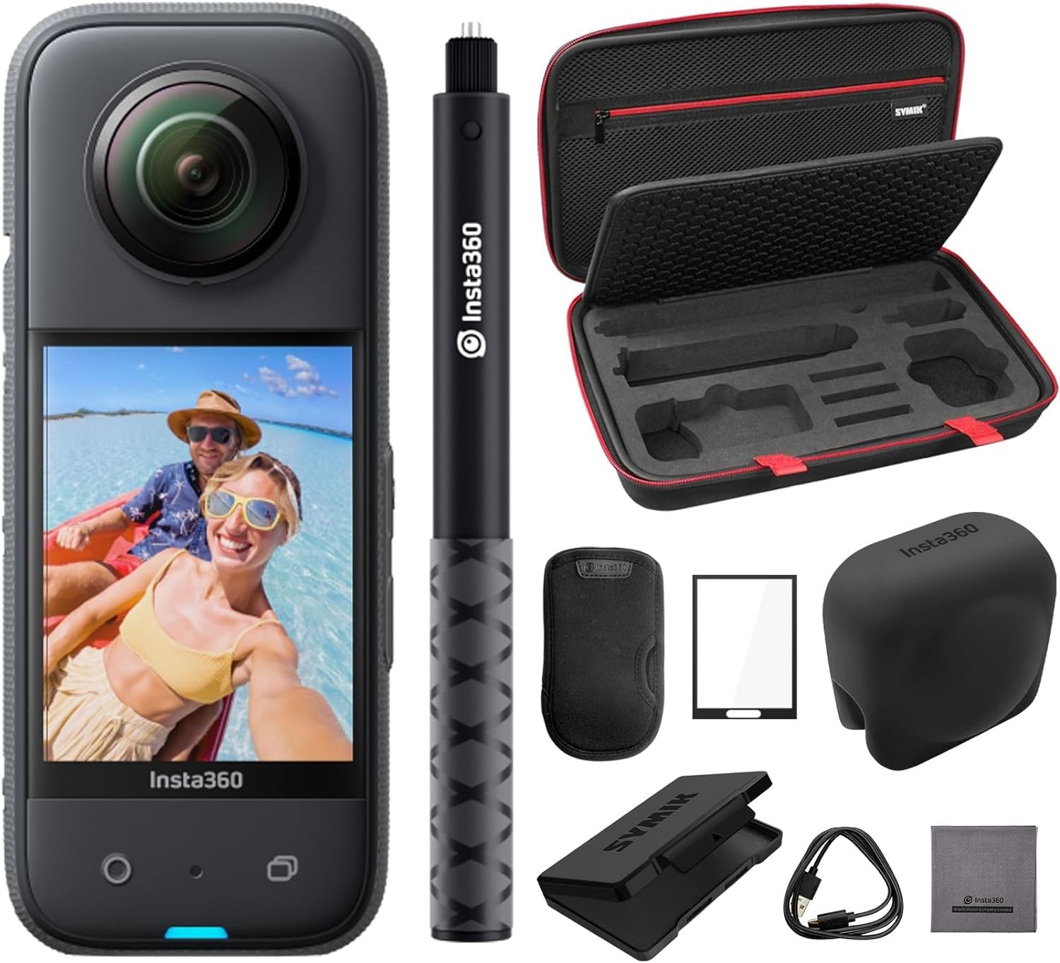 X3 - Waterproof 360 Action Camera with 1/2" 72MP Sensors, 5.7K 360 Active HDR Video, Bundle with Invisible Selfie Stick, Lens Cap, Carrying Case, Screen Protectors (7 Pack)