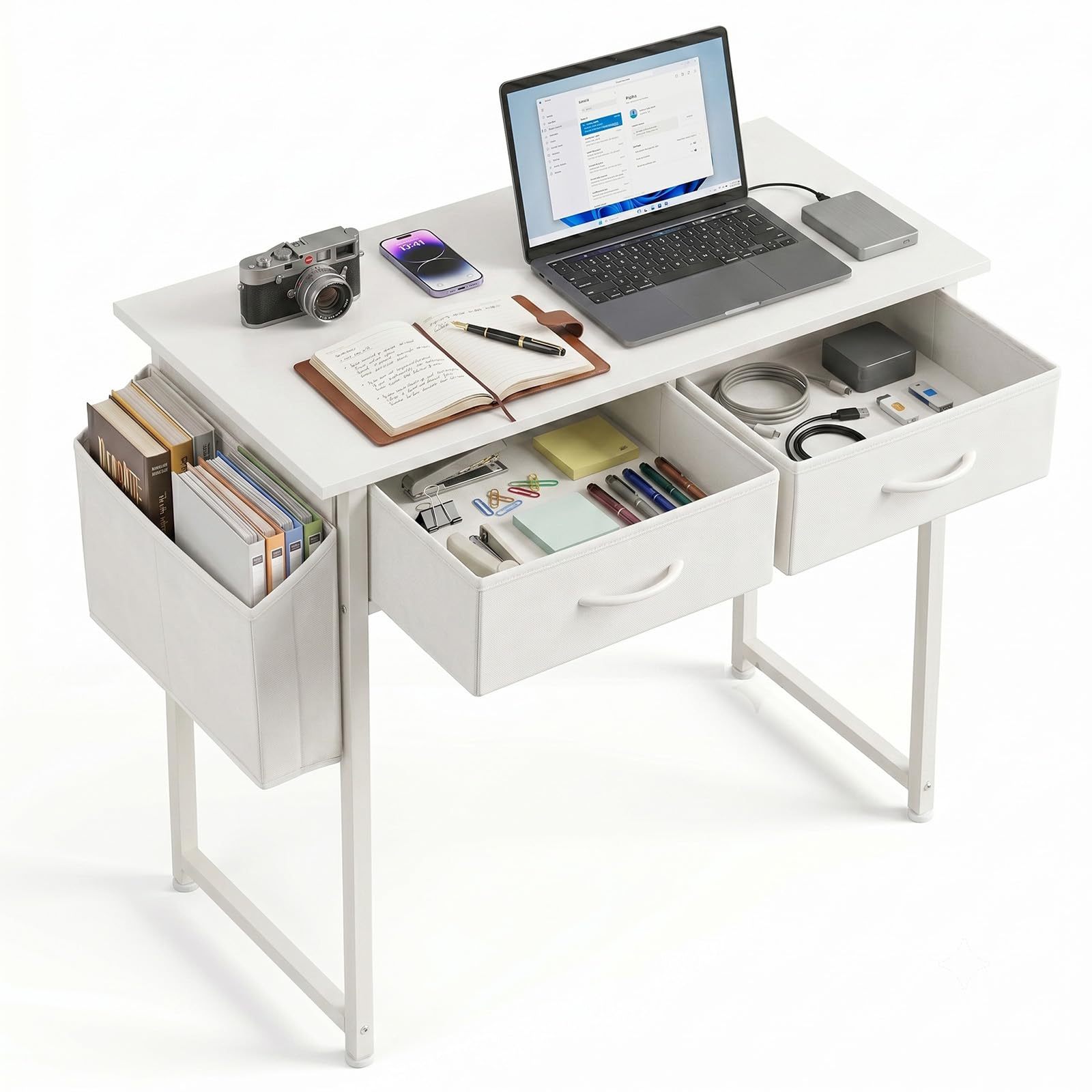 evergoods 80cm Gaming Desk with 2 Drawers – Small Computer Desk with Storage Bag & Pull-Out Drawers – Modern Home Office Study Table for Gaming, Work & Writing – Space Saving PC Desk (White)
