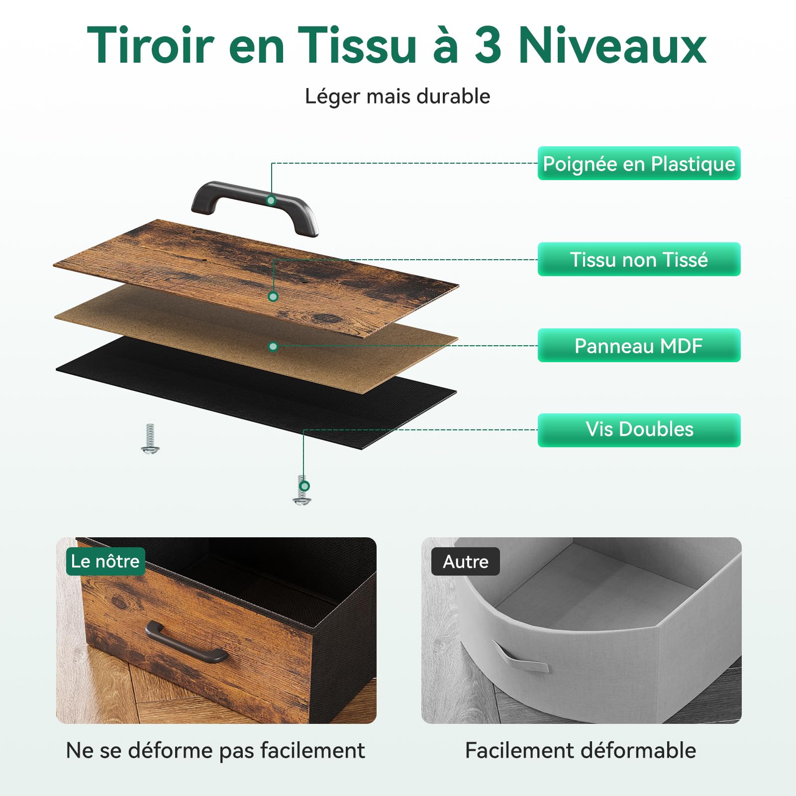 ODK Commode Chambre Adulte, avec Bandes LED Réglables en 10 Couleurs, 2 Prises USB et 2 Prises Secteur, 8 Grands Tiroirs en Tissu, Commode Rangement 110 x 30 x 88 cm, Couleur Vintage