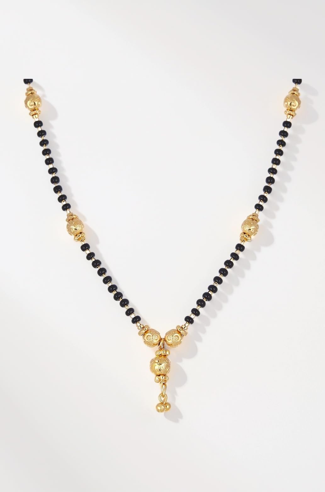 ZENEME Gold-Plated Black & White Artificial Stones Studded & Beads Beaded Locket Mangalsutra For Women