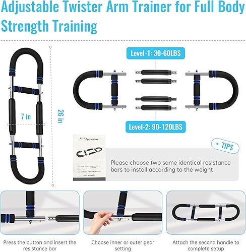 Miniatura 6 de Twister Arm Trainer  Equipo de entrenamiento de pecho de resistencia ajustable de 30 a 120 libras con 4 resortes, cuerda de saltar y muñequeras para