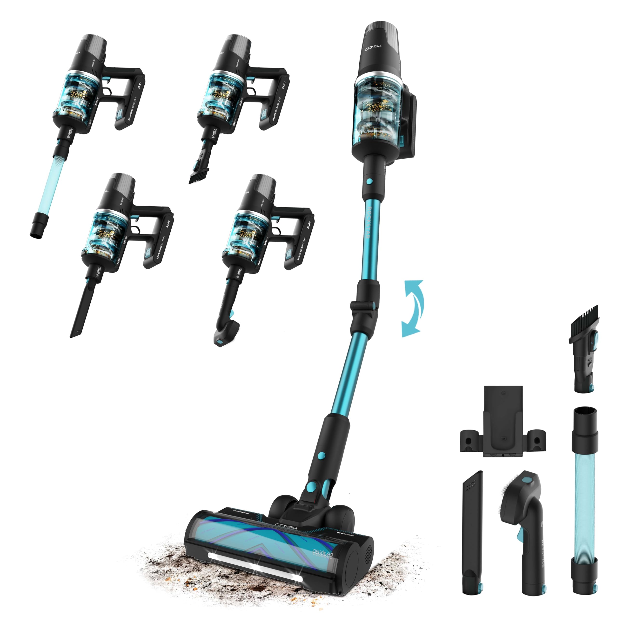 Cecotec Aspiradora Escoba sin Cable Conga Rockstar RX50 Pet Flex. 300AW, 750W, 30kPa, Motor Alto Rendimiento, Cepillo Hairless XL, Autonomía 90mins en Modo Eco, Tubo Flex, Luz LED y Cabezal Mascotas