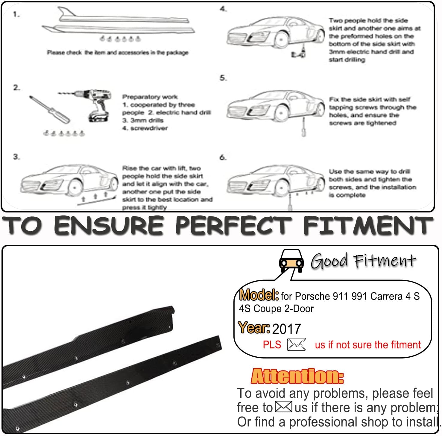 Dry Carbon Fiber Side Skirts for Porsche 911 991 Carrera 4 S 4S Coupe 2-Door 2017-2018 Under Door Rocker Panels Valance Extension Lip Factory Outlet