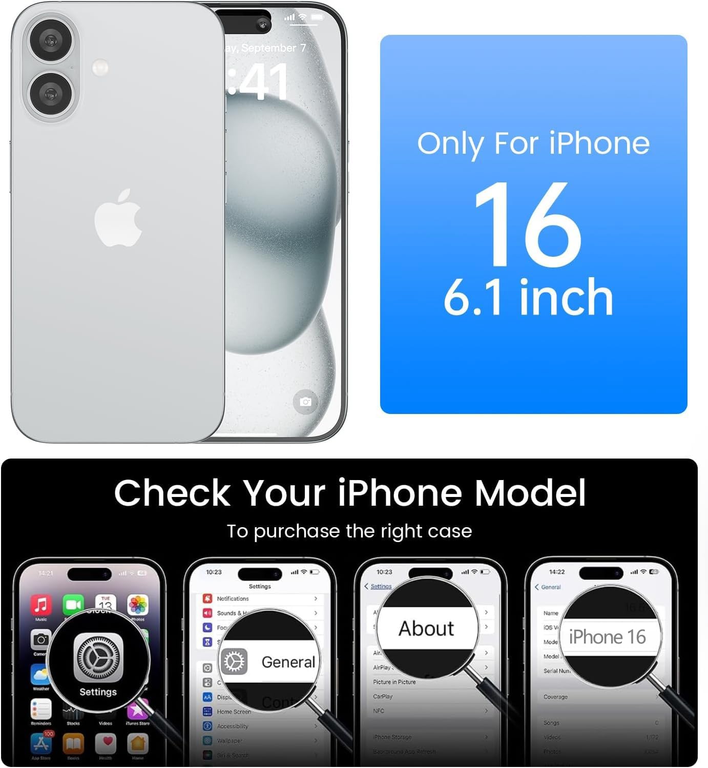 OLEPHY Trasparente Cover con Cordino per iPhone 16 6,1'', Custodia con Regolabile Collana, [Antiurto] [AntiGraffio] Case con Laccio Tracolla, Nero