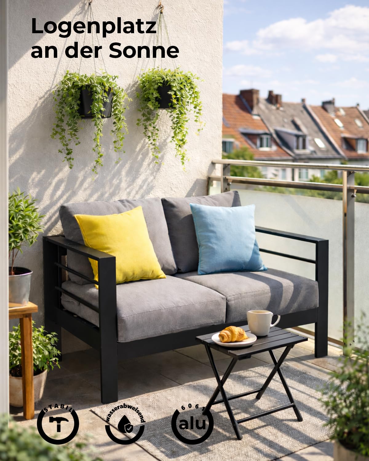 LANOX Gartensofa Gartenmöbel Set 2 Sitzer aus Aluminum,128×65×66 cm, inkl. Sitz- und Rückenkissen, Wetterfest Outdoor Sofa für Balkon Terrasse Garten, Schwarz
