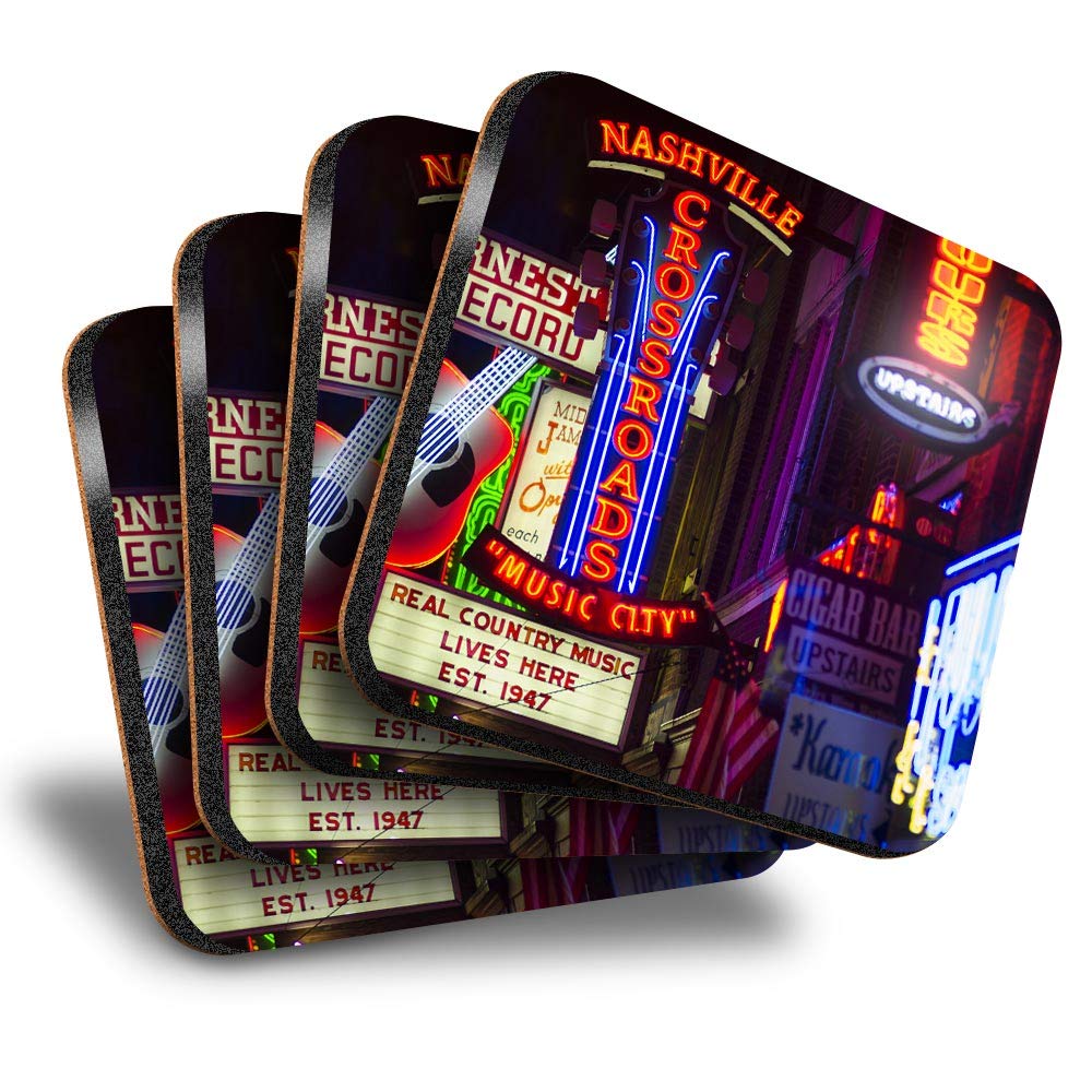 Destination Vinyl Ltd Multicolor Great Coasters (Set Of 4) Square - Nashville Country Music Neon Signs Drink Glossy Coasters/Tabletop Protection For Any Table Type #45832