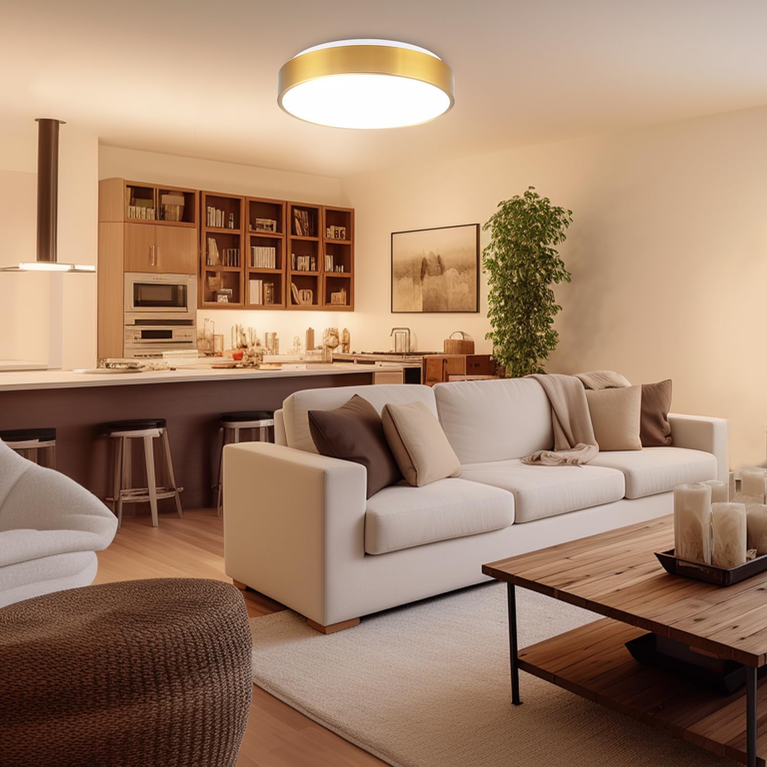 Gold Ceiling Light Flush Mount 15 inch, LED Light Fixtures Ceiling Mount 36W, Dimmable Close to Ceiling Light Overhead 5CCT for Living Room, Kitchen, Bedroom, Bathroom