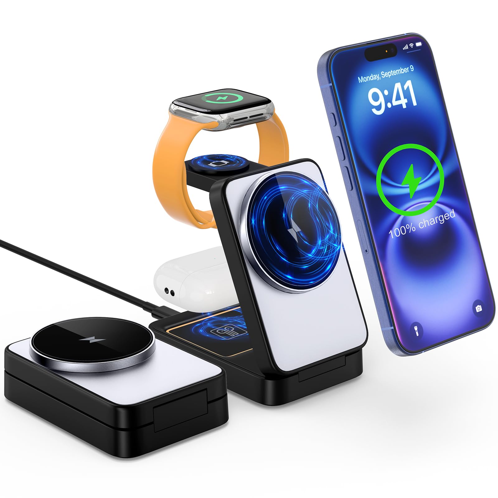 3 in 1 Wireless Charger Station for Multiple Apple Devices,Portable Magnetic Charging Foldable Stand for iPhone 16 15 14 13 12 11 ProMax/Airpods/Fast