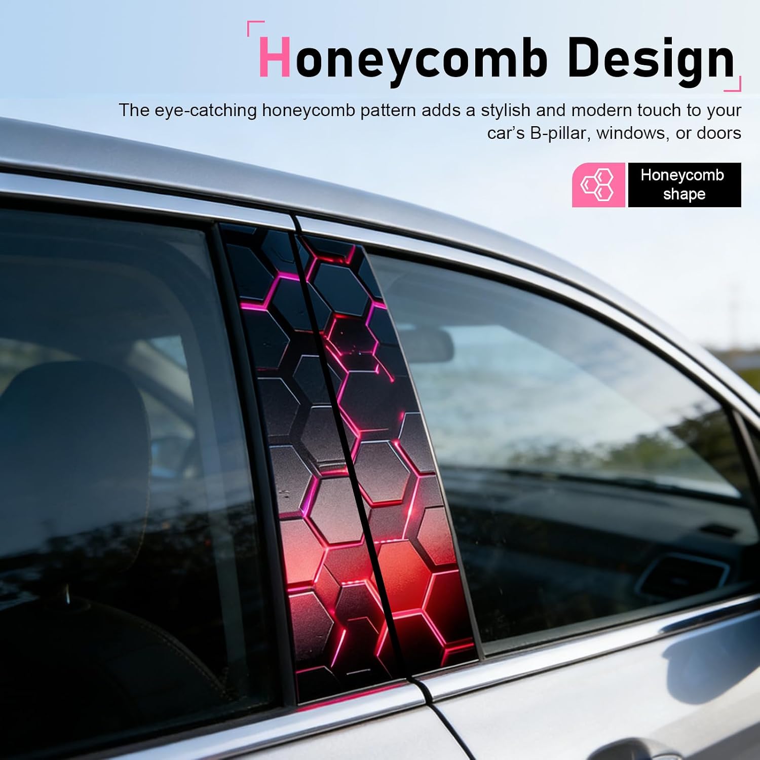 2 PCS Car B-Pillar Sticker, Honeycomb Pattern Personalized Vinyl Middle Pillar Decal, HD Printed Waterproof Sun Protection Scratch Cover, Universal for Most Cars (Style C) image 3