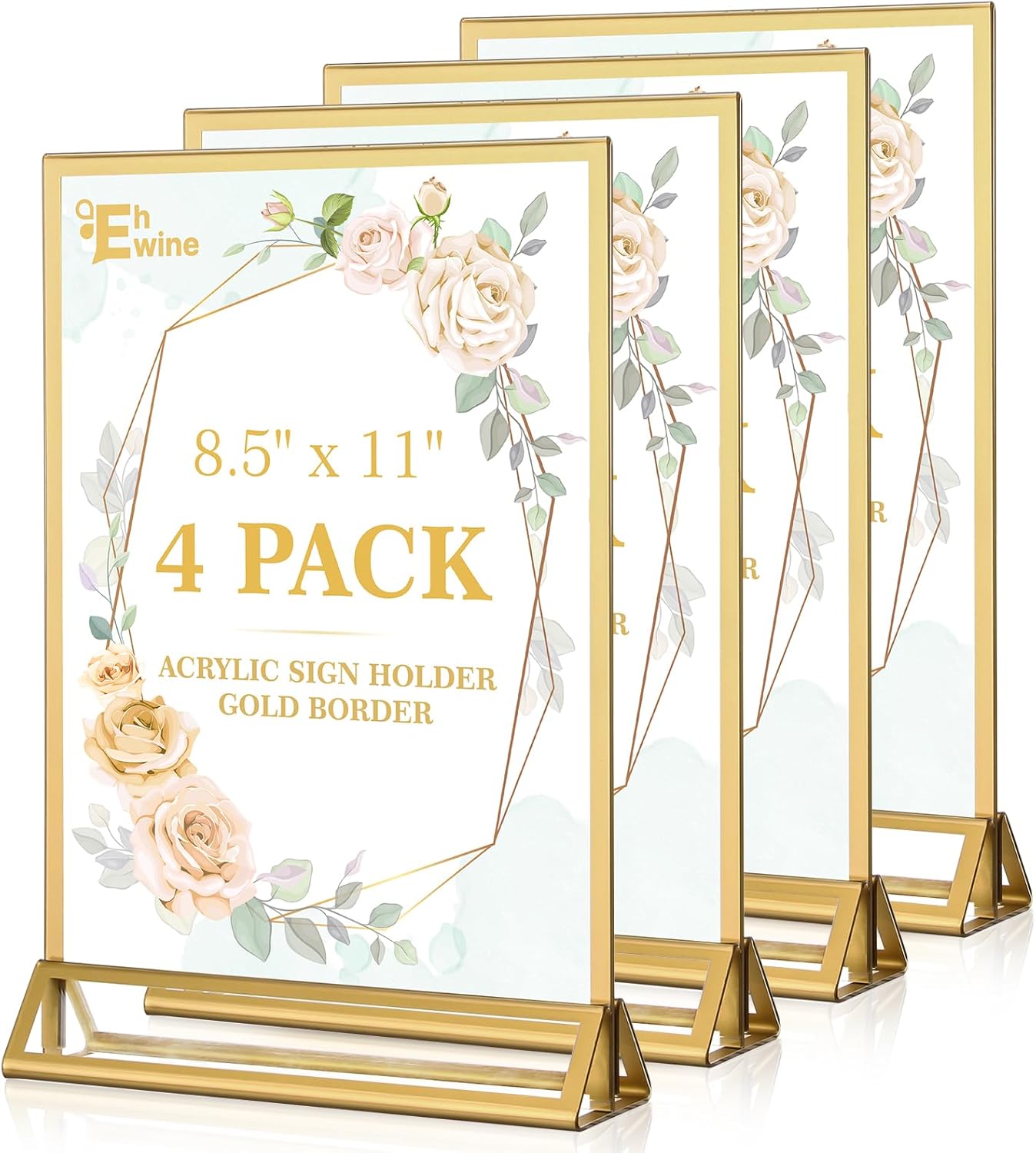 EHWINE 4 Pack Acrylic Sign Holder 8.5 x 11, Double Sided Gold Picture Frame Stand up Table Top Sign Holders, Clear Display Stand Menu Flyer Holder for Wedding Party (Provide Non-slip Mats) 4 Pack 8.5x11 Inch