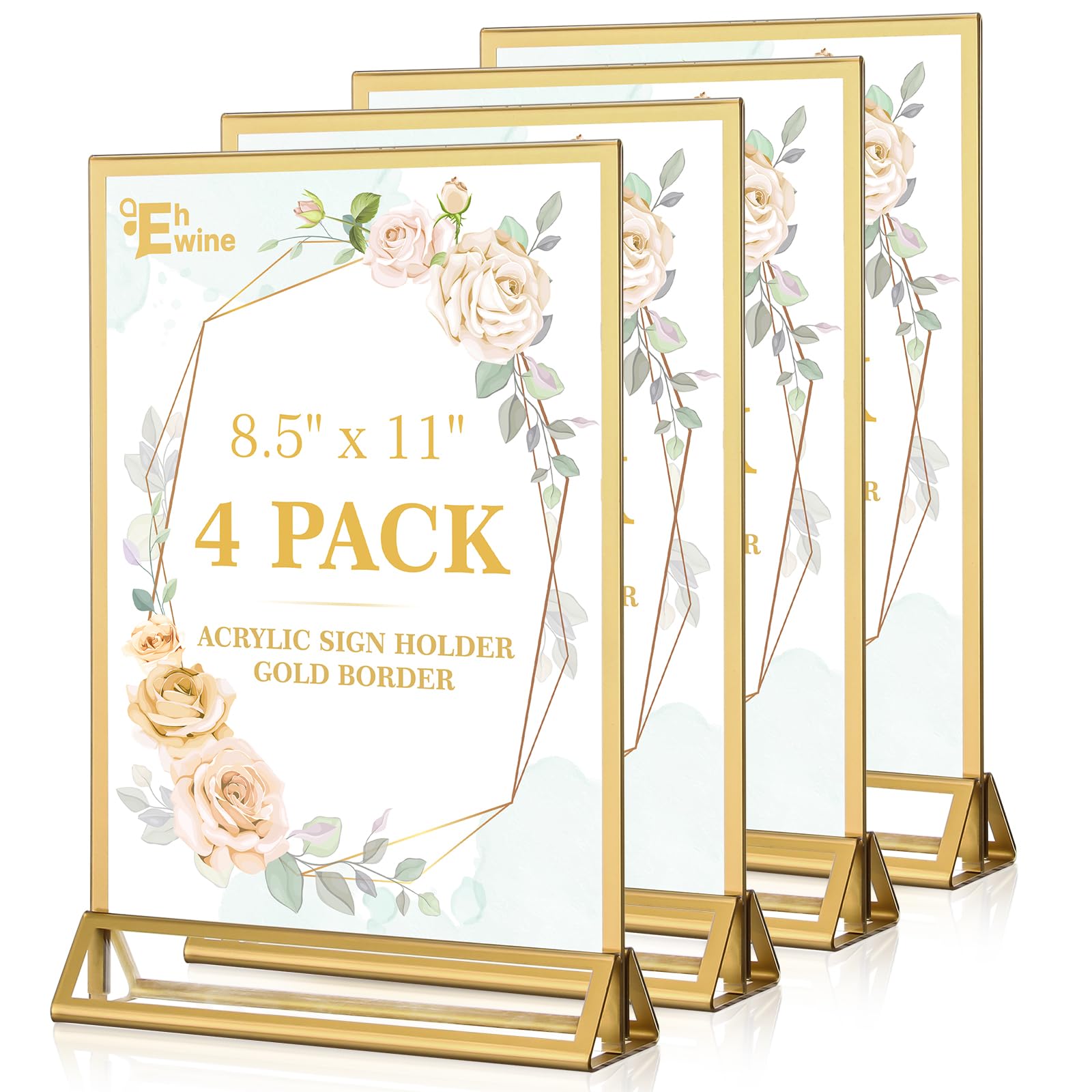 EHWINE 4 Pack Acrylic Sign Holder 8.5 x 11, Double Sided Gold Picture Frame Stand up Table Top Sign Holders, Clear Display Stand Menu Flyer Holder for