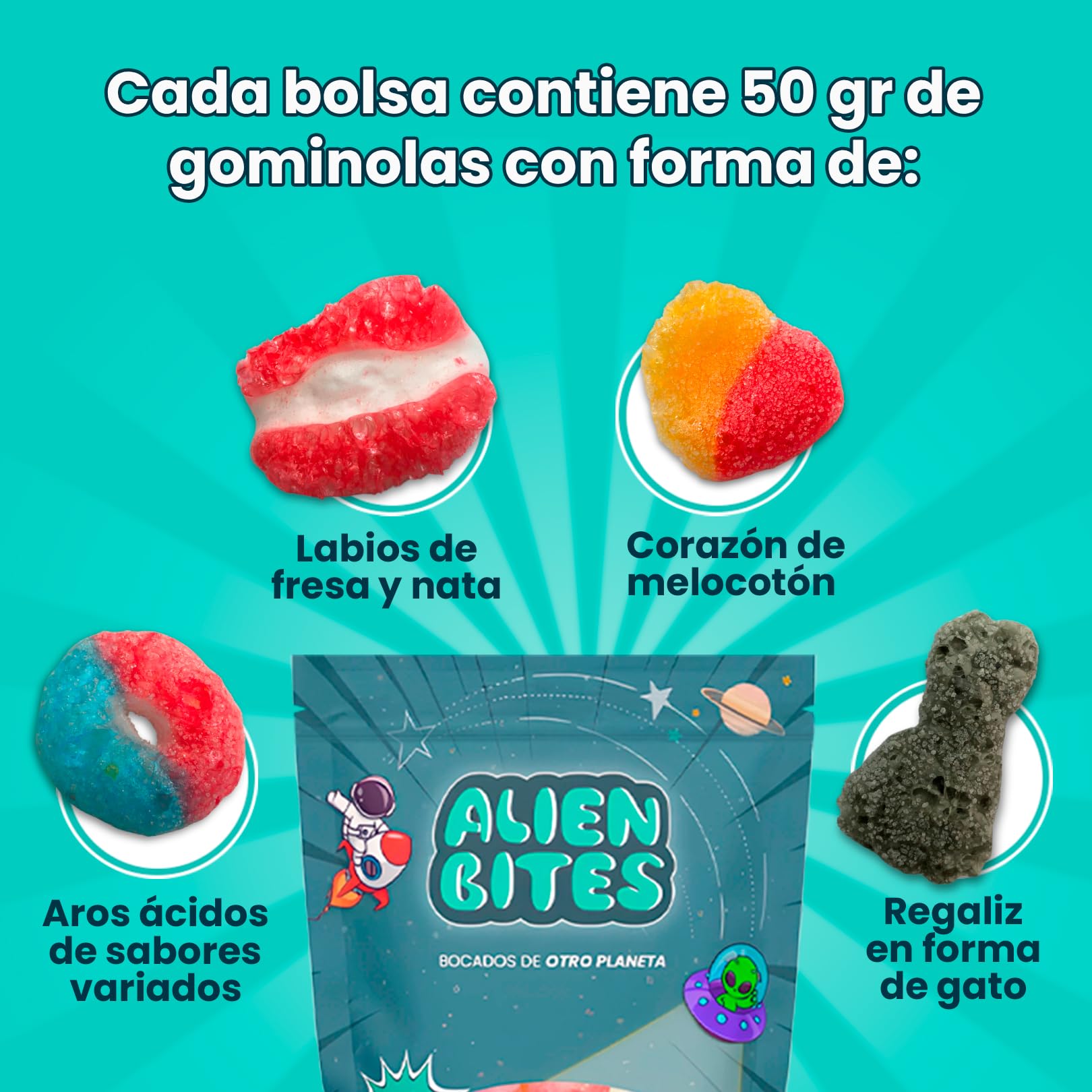 Alien Bites Pack de 4 Bolsas de 50g Chuches Liofilizadas Gominolas Freeze Dried Sin gluten