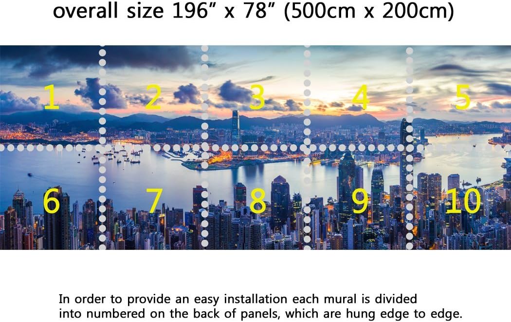 Wall Mural City and Harbor at Dawn - Panoramic View - Peel and Stick Repositionable Fabric Wallpaper for Interior Home Decor (196 x 78 inches)