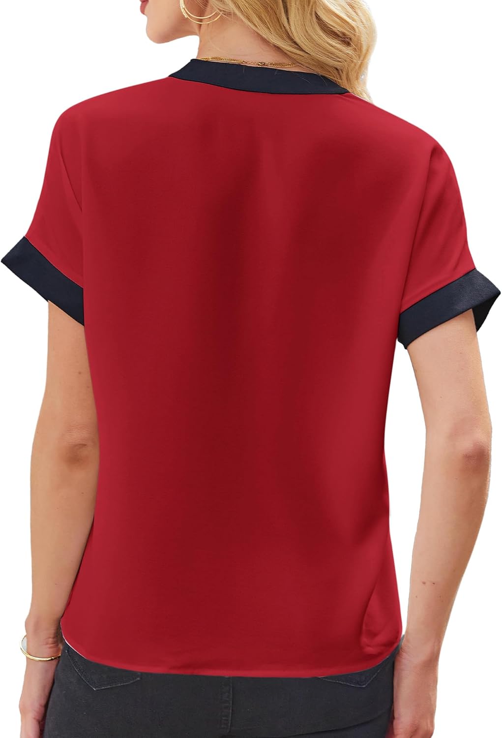 Avanova Women Color Block V Neck Short Sleeve Blouses Shirts Work Elegant Dressy Tops - Image 2