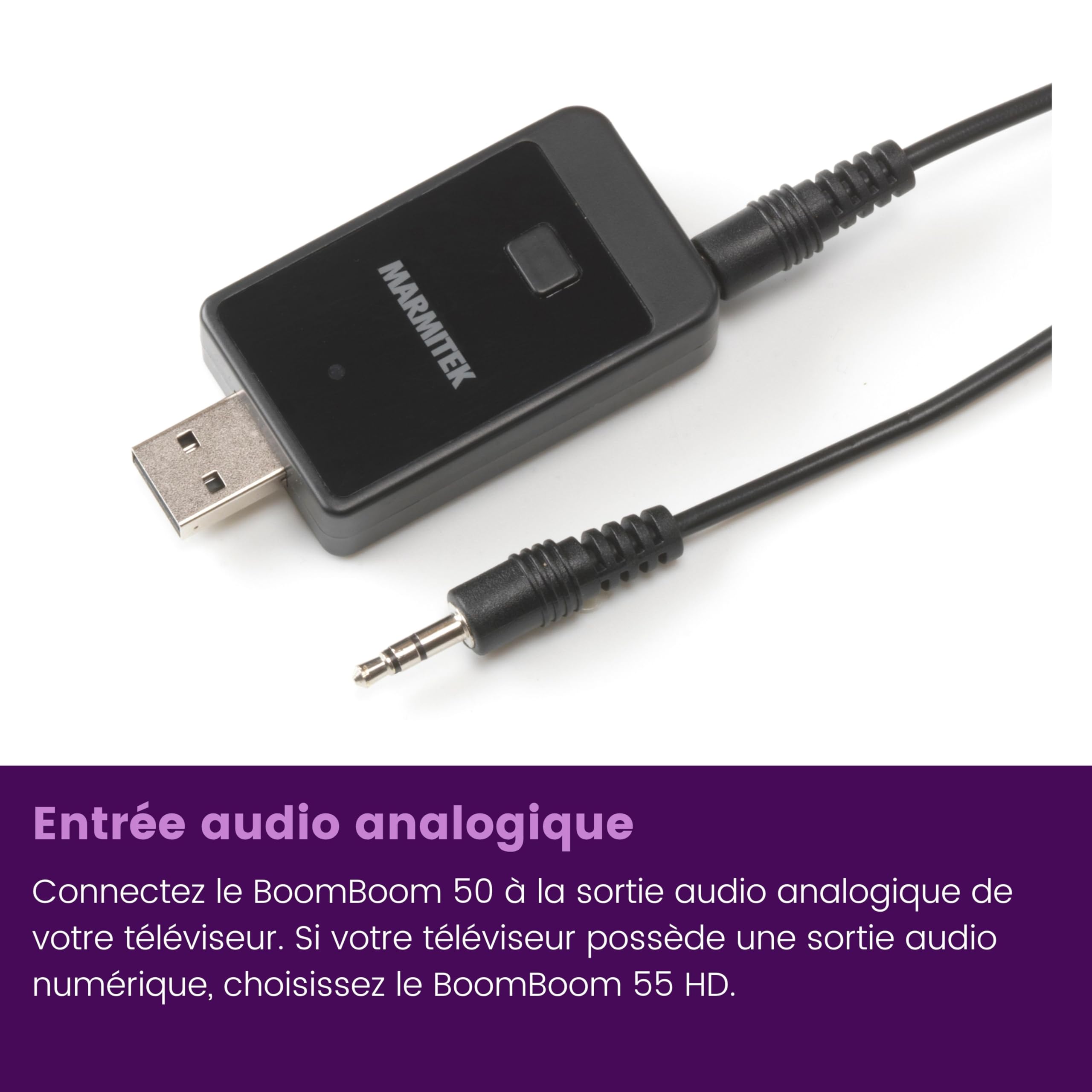 Marmitek Boomboom 50 TV Bluetooth Audio Transmitter | Émetteur audio Bluetooth jack 3,5 mm pour son TV sans fil, Plug & Play, alimentation USB, AAC, aptX, A2DP et 30 m
