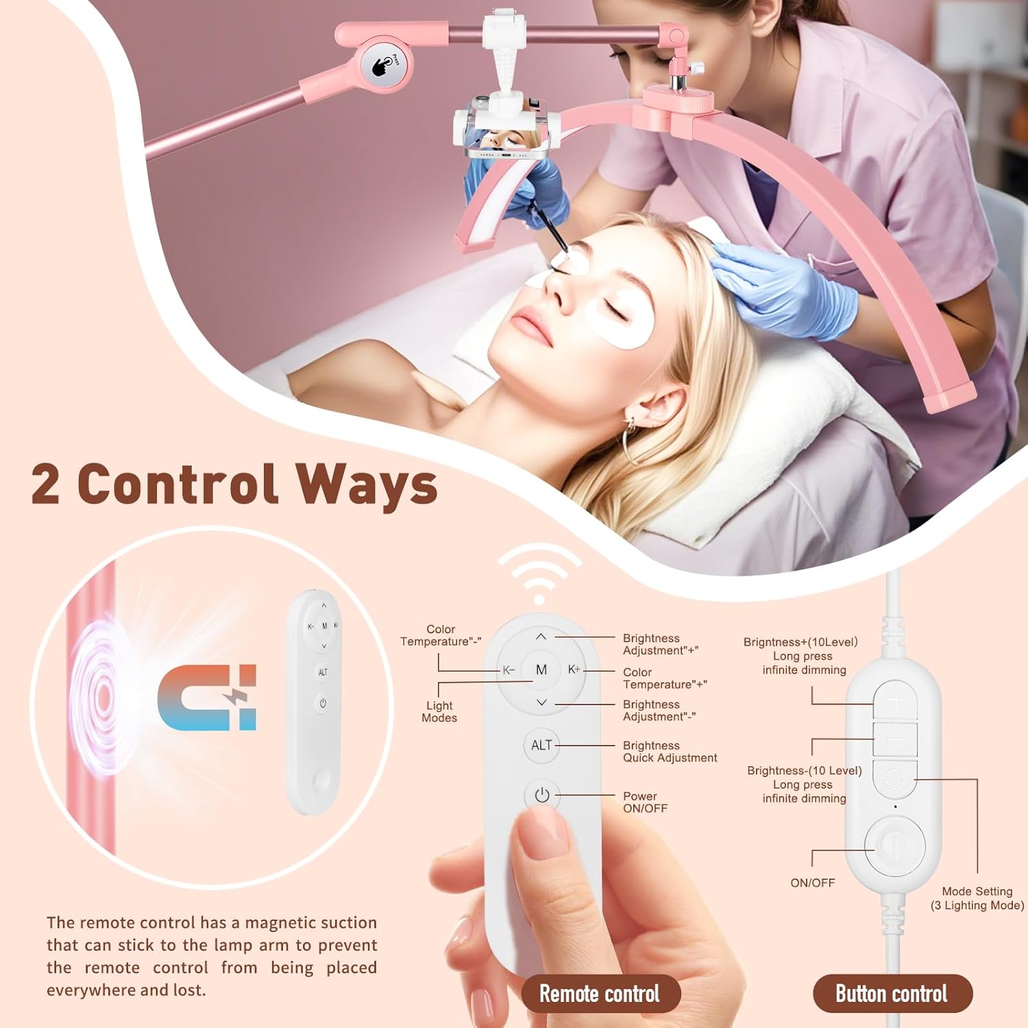 HITTI Half Moon Light for Eyelash Extensions Tattoo Artists, 2026 UpgradeLED Lash Tech Light with 4 Wheel Rolling Base, Large Floor Lamp 3 Color Modes, Adjustable Brightness & Phone Holder-Pink