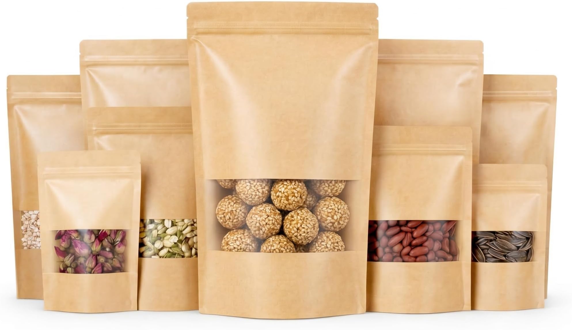 Brown Kraft Paper Zip lock Stand Up Pouches | 11x17cm | 100gm | Pack of 50 | Food Grade Storage Bags with Transparent Window Airtight Reusable for Dry Fruits, Snacks, Spices
