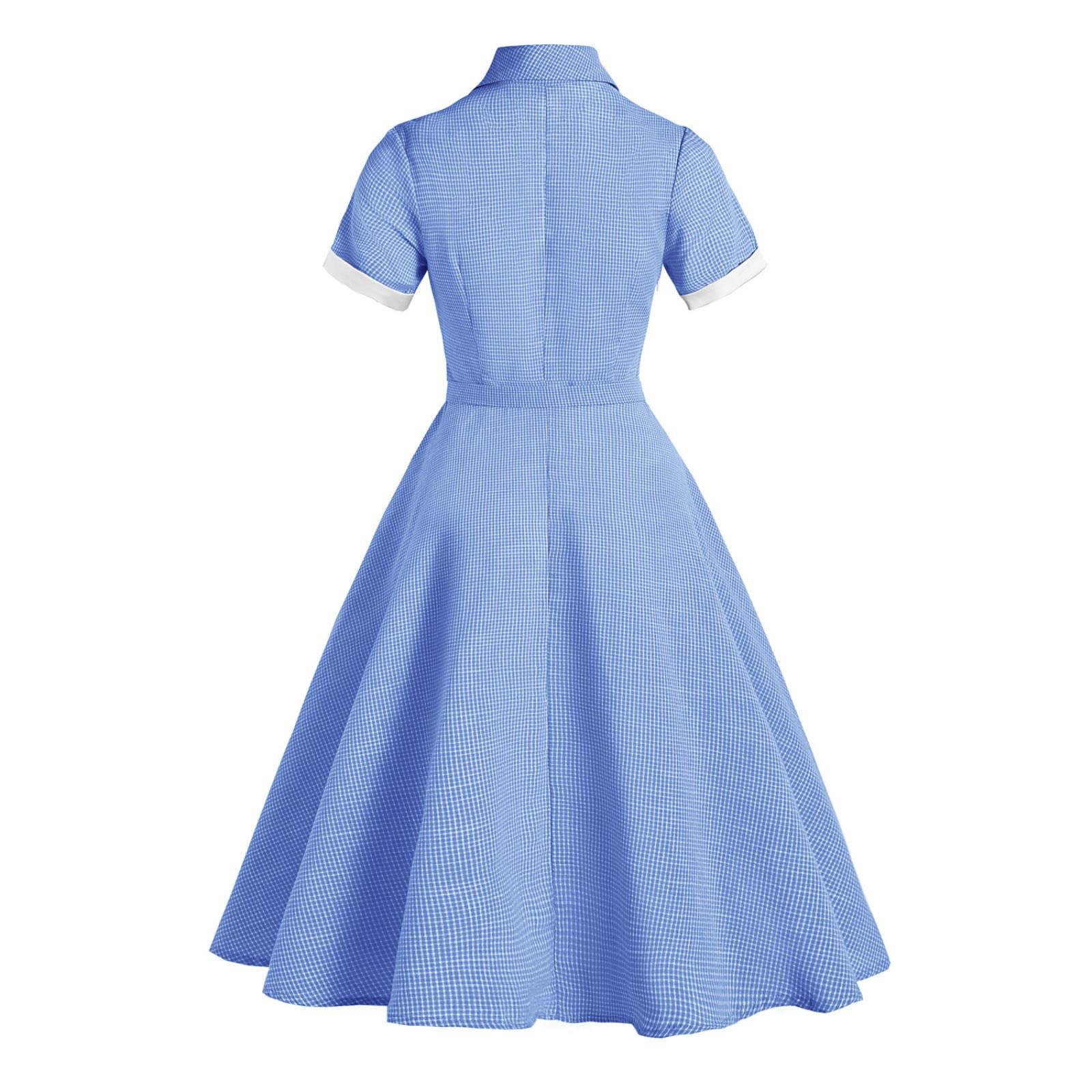 Vestido de verano Vestido de cuadros Estampado Azul Amarillo Vintage 40S 50S Retro Swing Pinup Mujeres