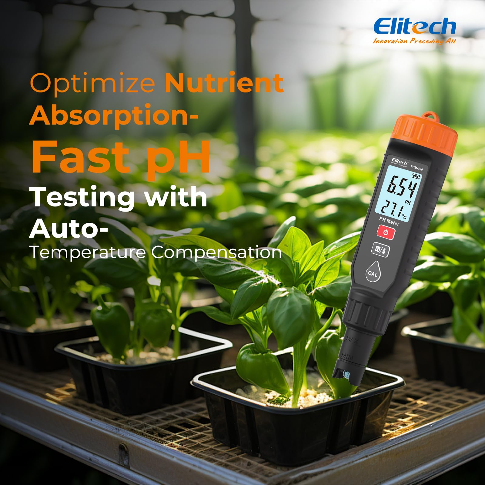 Medidor de pH Elitech con Indicador de Temperatura 0-14 pH ±0.05 de Precisión, Tester pH Calibración Automática, Retroiluminación con Alarmas de Color PHM-230