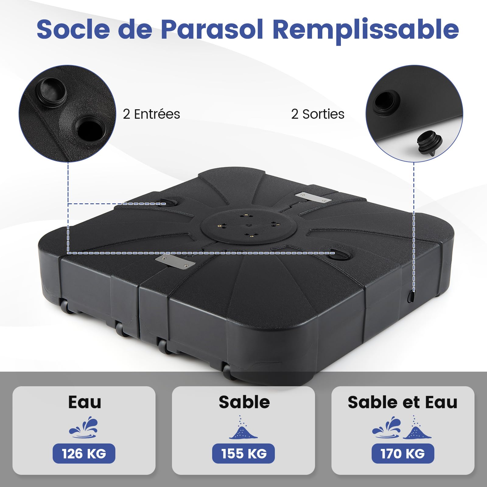 COSTWAY Pied de Parasol Déporté s 4 roulettes en HDPE, 88 x 88 x 20 cm