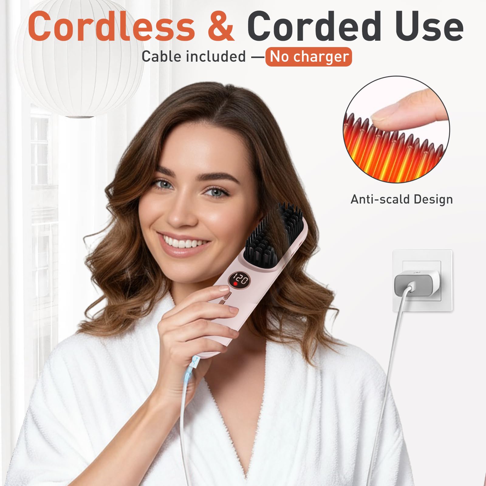 TANSHINE Kabellose Glätteisenbürste, 6000 Ahm, ionische Heißbürste für Reisen, tragbar, wiederaufladbar, beheizter Mini-Haarstyler für Damen, thermische Glättungsbürste mit Heißkamm, 140–200 °C, Rosa