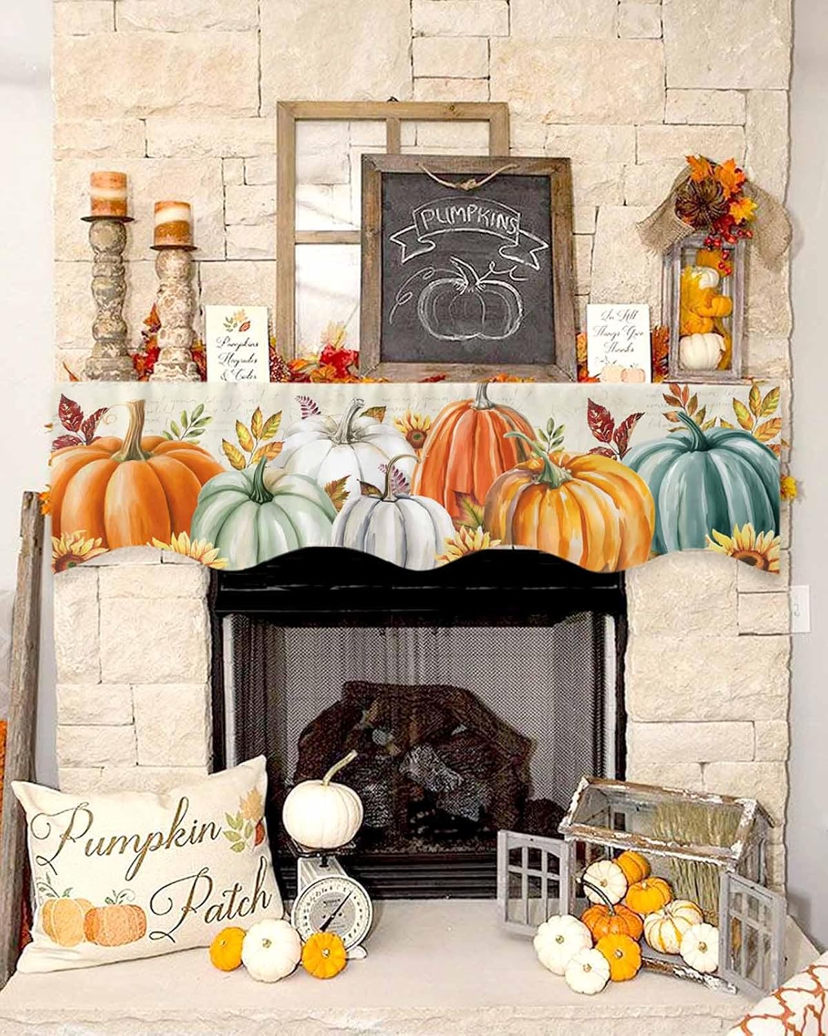 Fall Mantel Scarf for Fireplace, Vintage Harvest Pumpkin Flower Autumn Leaf Fireplace Cover Decorations Indoor Mantel Top Scarf Runner for Home Living Room Holiday Party, 17 x 70 Inch