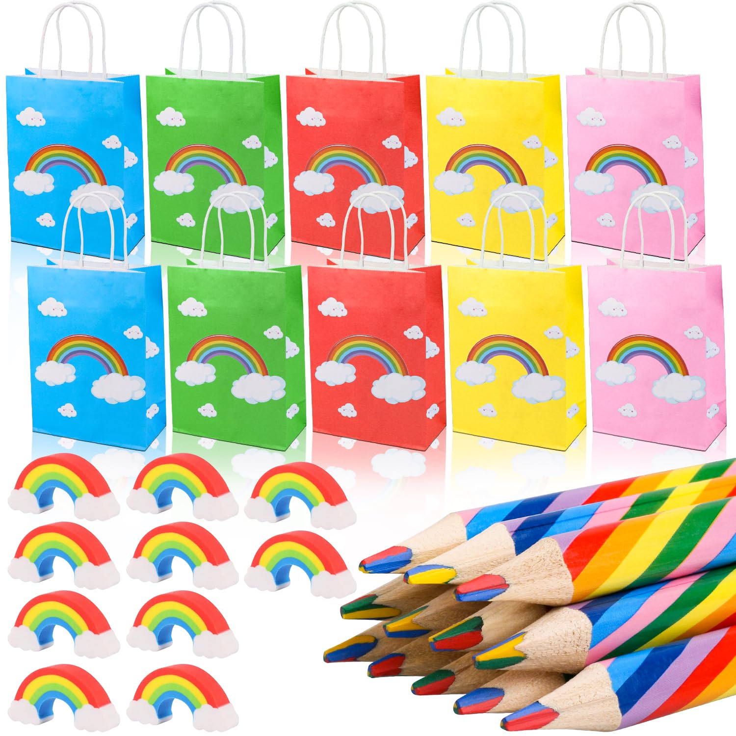 30pc Rainbow Party Bag Set, 10 Colouring Pencils, 10 Erasers & 10 Gift Bags