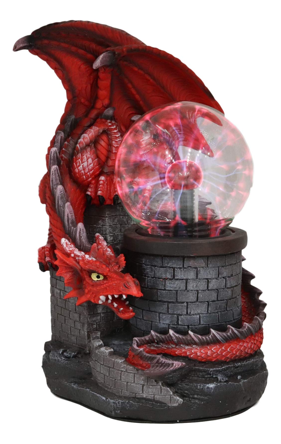 Ebros Large Dungeons and Dragons Red Fire Dragon Guarding Castle with Electric Plasma Sphere Ball Lamp Statue 11