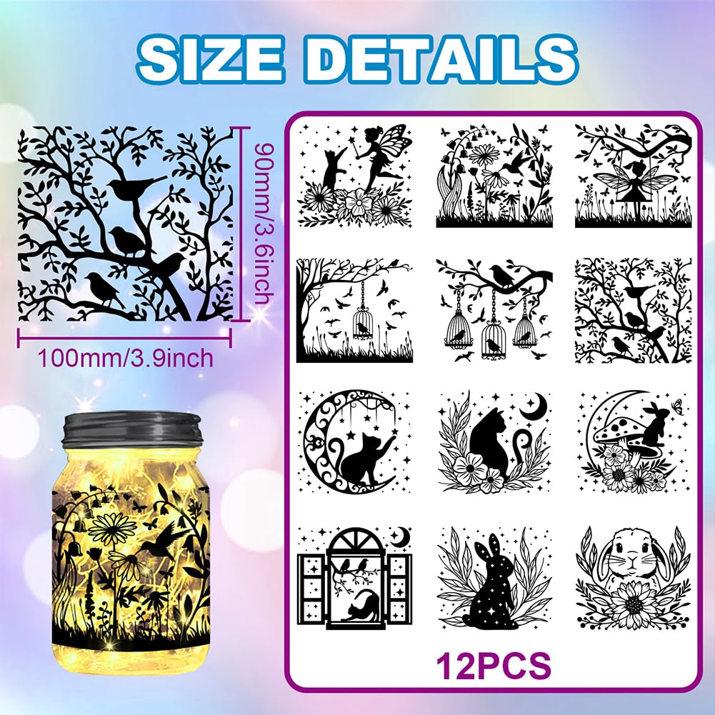 GLOBLELAND 12Pcs Animals Silhouette Cutouts Fairy Bird Cat Bunny Silhouette Lantern Cutouts Decoration Wall Paper Lamp Clings for Jars Wall Painting Windows Glass 3.9x3.6inch