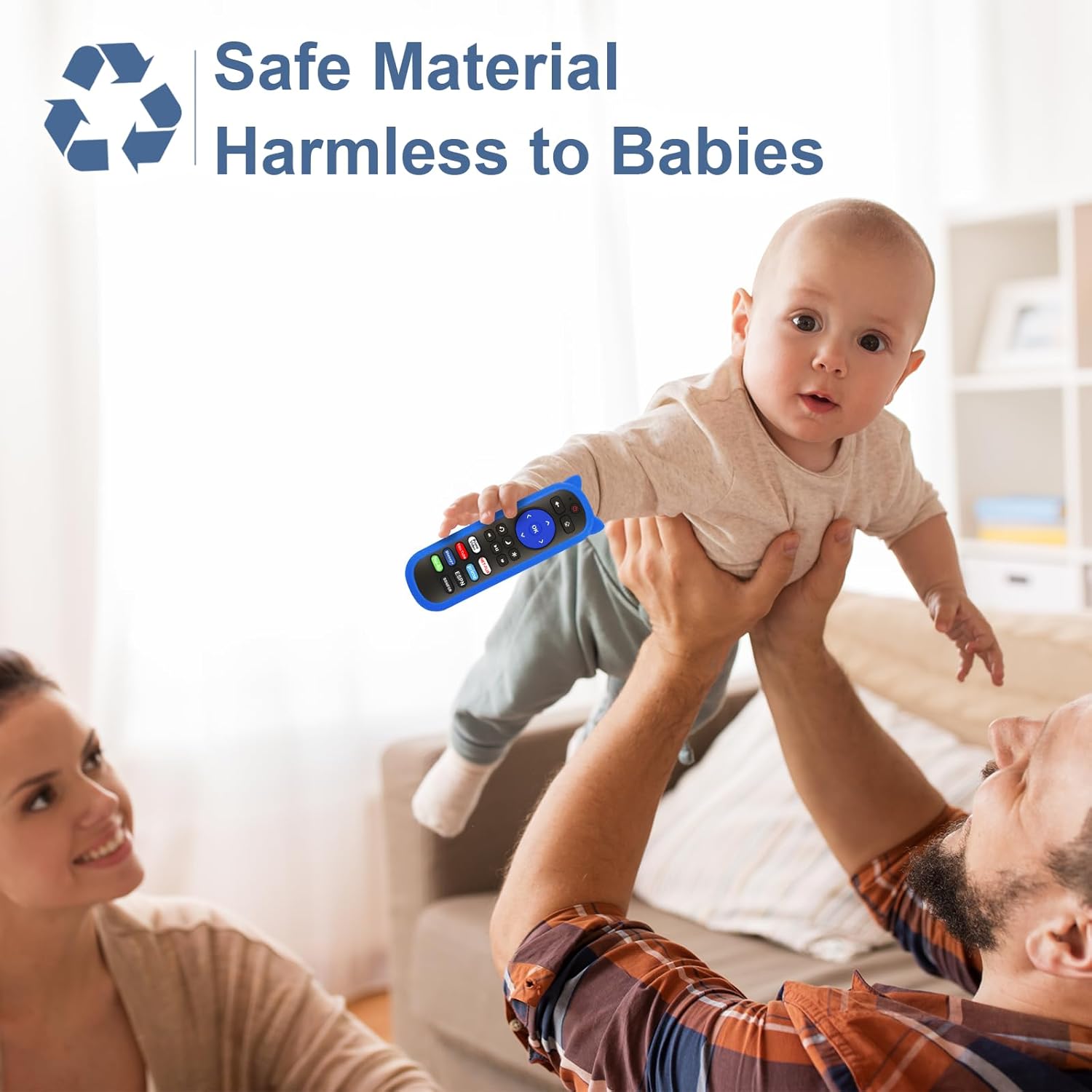 Baby holding Yimaut remote, illustrating safe material