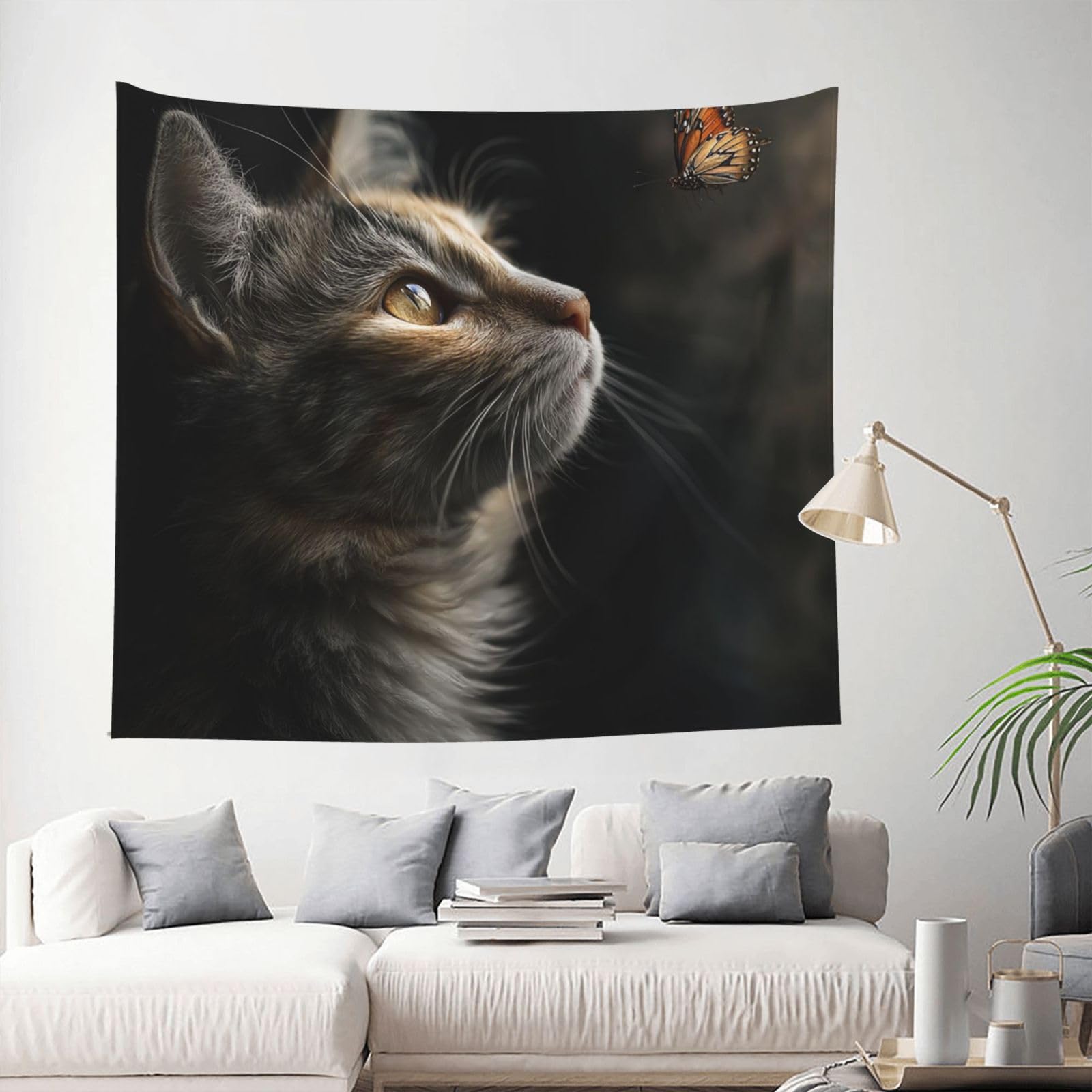 Tapestry 153 X 130 CM Inches Wall Hanging for Living Room Cat and Butterfly Tapestrys Home Decor Soft Aesthetic Tapestries Hanging Decor Blanket Wall Tapestry for Bedroom Dorm Indoor Outdoor