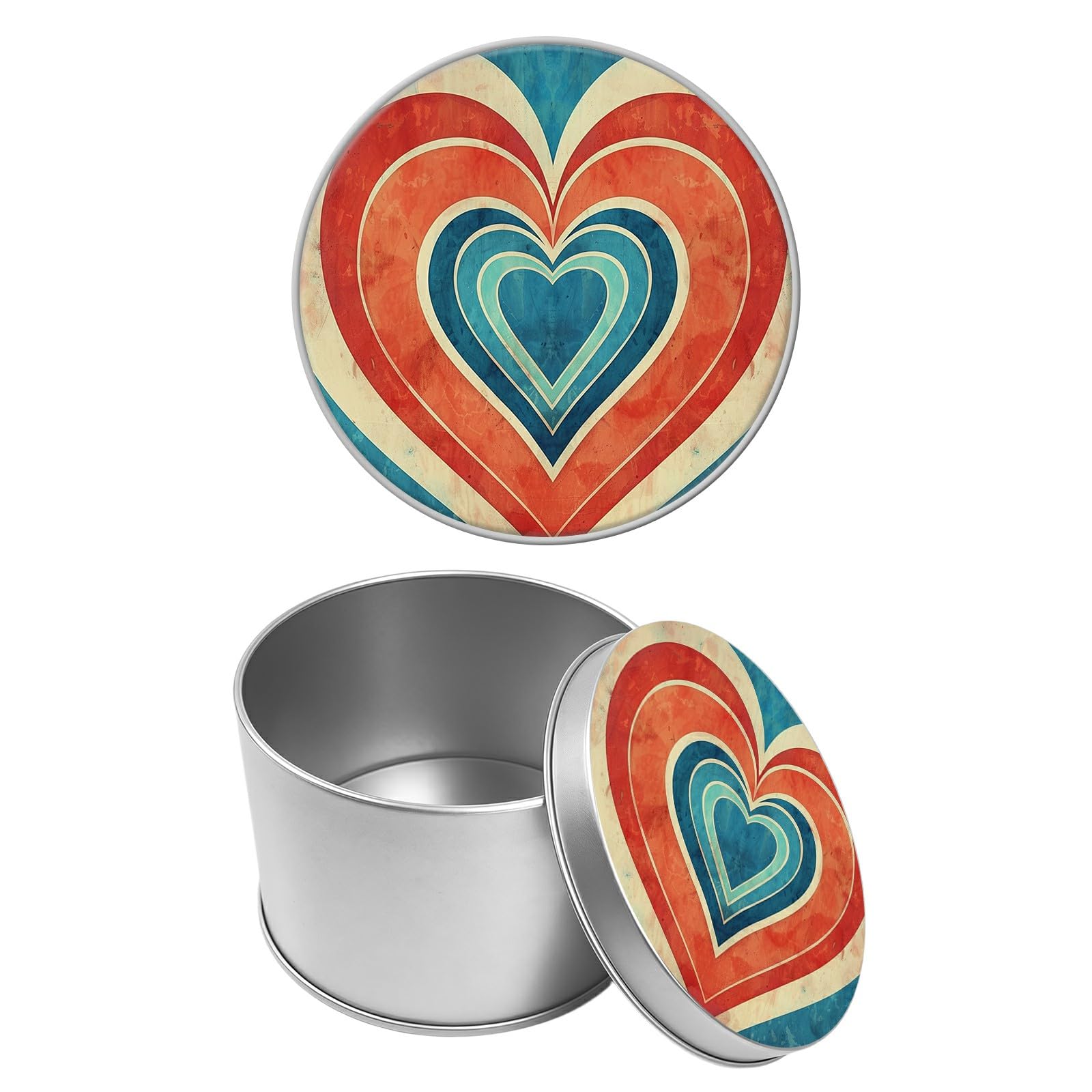 Round Metal Tin Container with Removable Lid, Color Heart Durable Metal Storage Box for Cookies Spices Tea Candies Cakes Jewelry Cosmetics 3.54 x 2.36 inch– Single Pack
