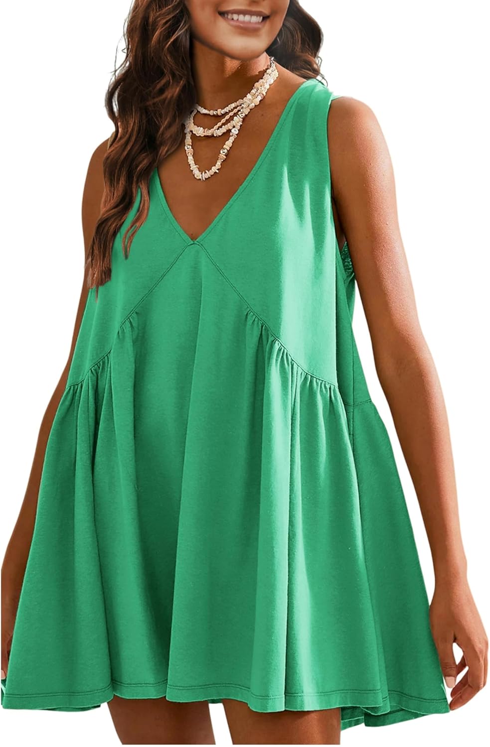 OPCAKM Women's V Neck Sleeveless Mini Dress Loose Summer Pleated Swing Flowy Sundress
