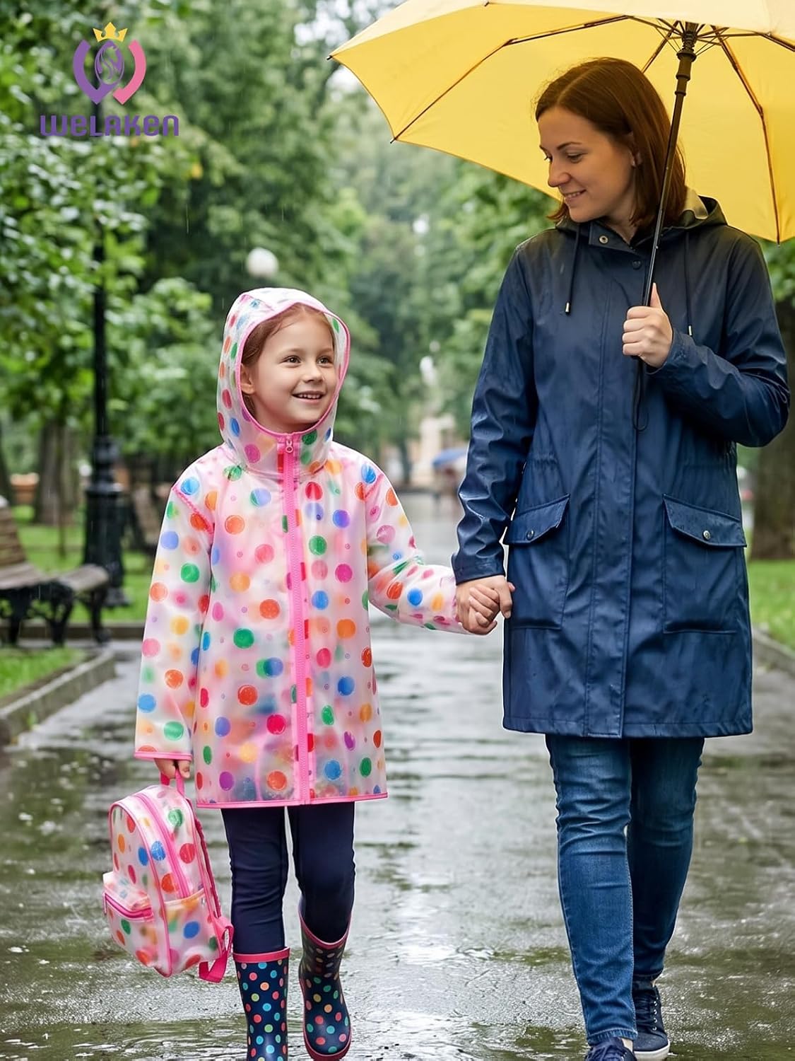 WELAKEN Girls Hooded Printed Rain Jacket Lightweight Water Resistant Raincoat with Zipper