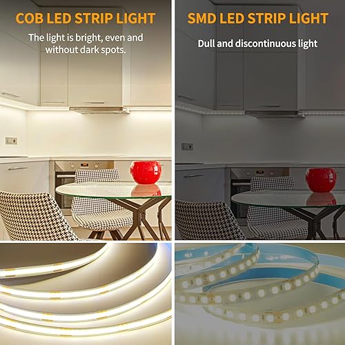 Miniatura 2 de COB - Tira de luces LED de 50 pies, 3000 K CC 24 V, regulable, luz blanca cálida, flexible, para dormitorio, con control remoto y aplicación, tira