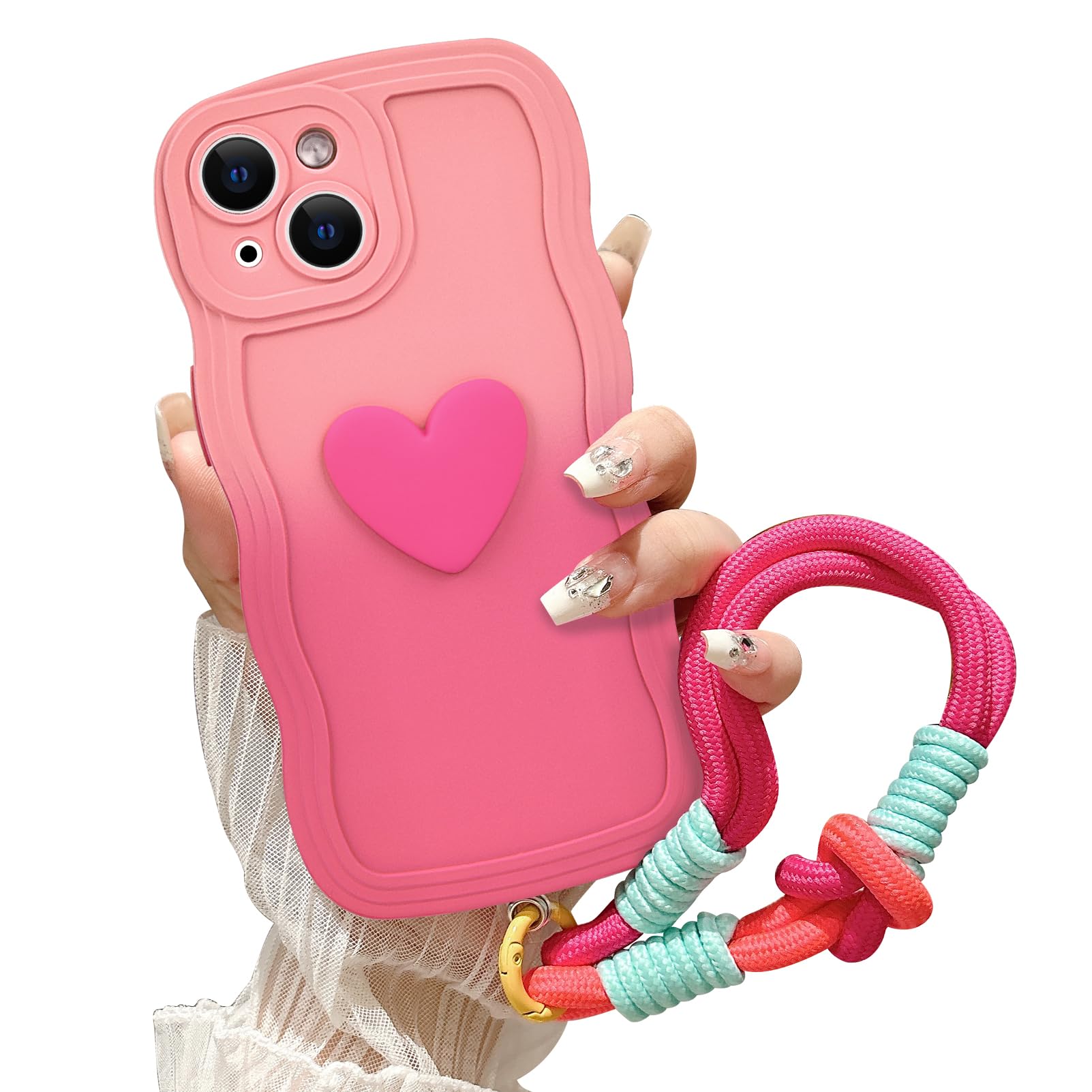 Tcaraersing for iPhone 15 Plus Gradient Wavy Case with Wrist Strap Lanyard Cute Love Heart Curly Wave Frame Design Solid Color Soft Silicone