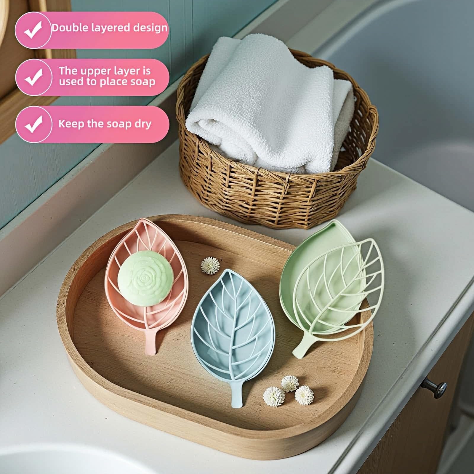 Juego de jabonera en forma de hoja, 2 niveles con soporte para jabón, diseño de hojas, montaje en pared sin taladro, organizador de baño desmontable para fregadero de ducha (verde pastel, azul/rosa) 8