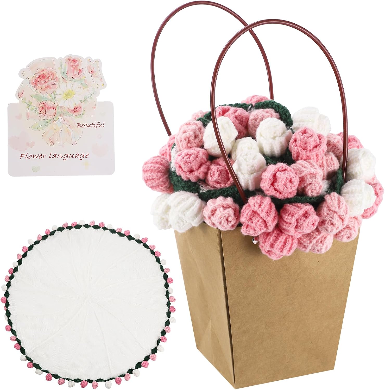 Crochet Flower Bouquet Blanket with Gift Bag and Card, 43 in Handmade Crochet Blanket with 52 Pcs Roses, Soft Shaded Pink Floral Throw, Gift Set for Mother's Day Anniversary Birthday Valentine Decor