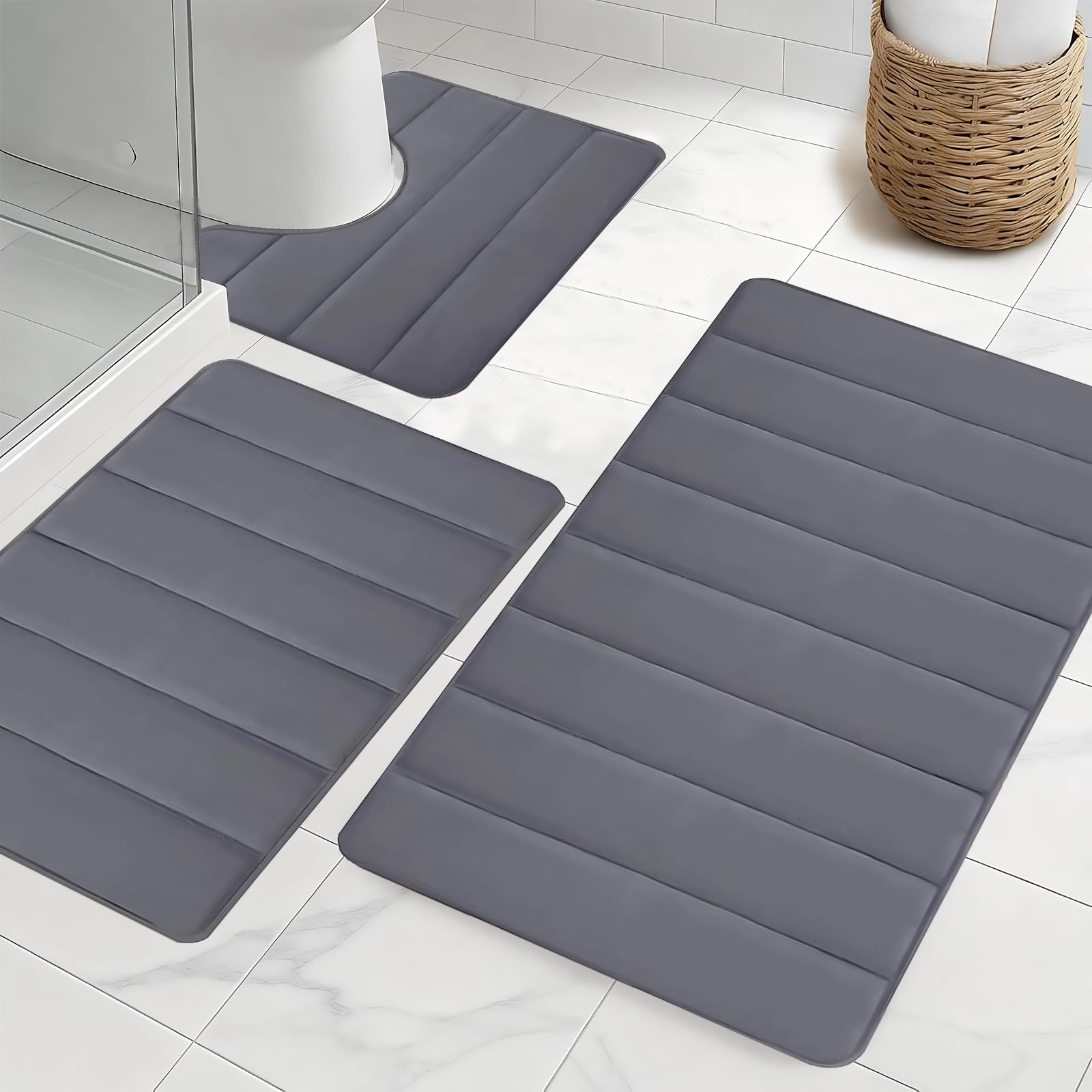 Xazuninsu Bathroom Mat Sets 3 Piece,Washable Memory Foam Bath Mat Set with Pvc Non Slip Backing Water Absorbent Soft for Bathroom Floor, Dark Gray