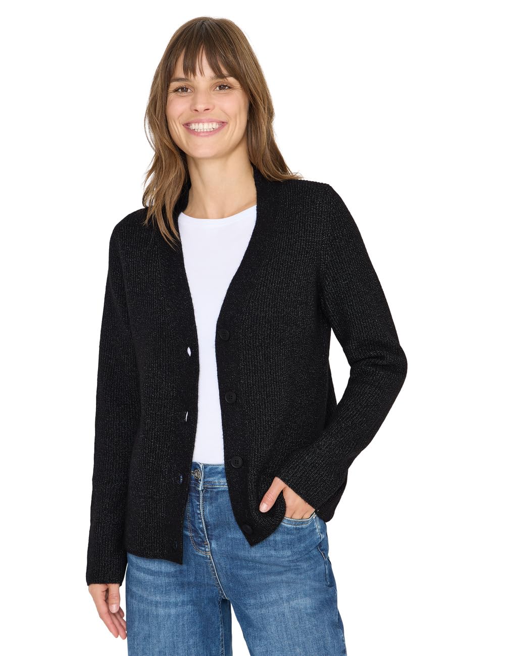 Cecil Damen Strickjacke mit Strukturdetail – Black Melange, XXL
