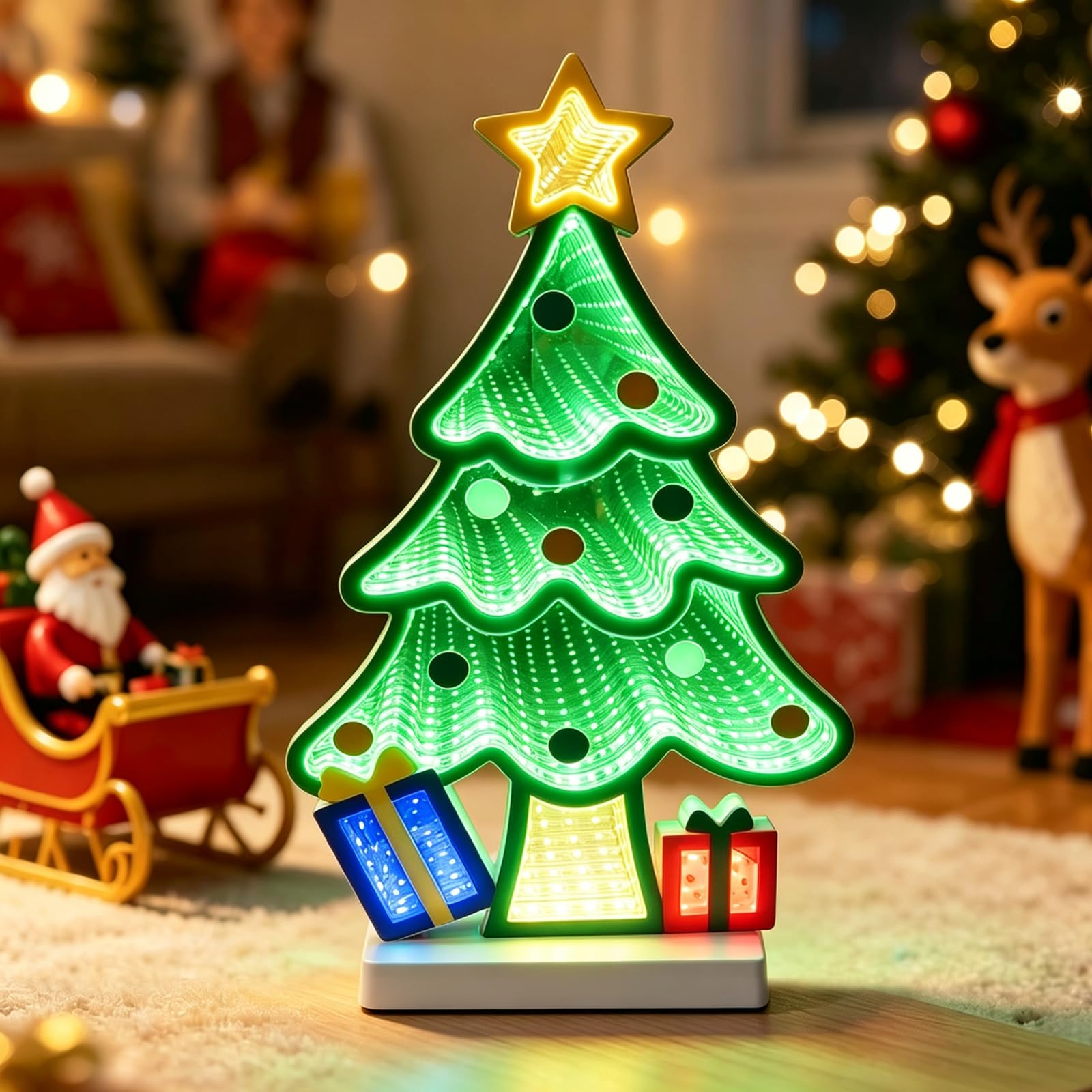 Wekity LED Christmas Tree Tunnel Lamp, 3D Infinity Mirror, Battery Operated