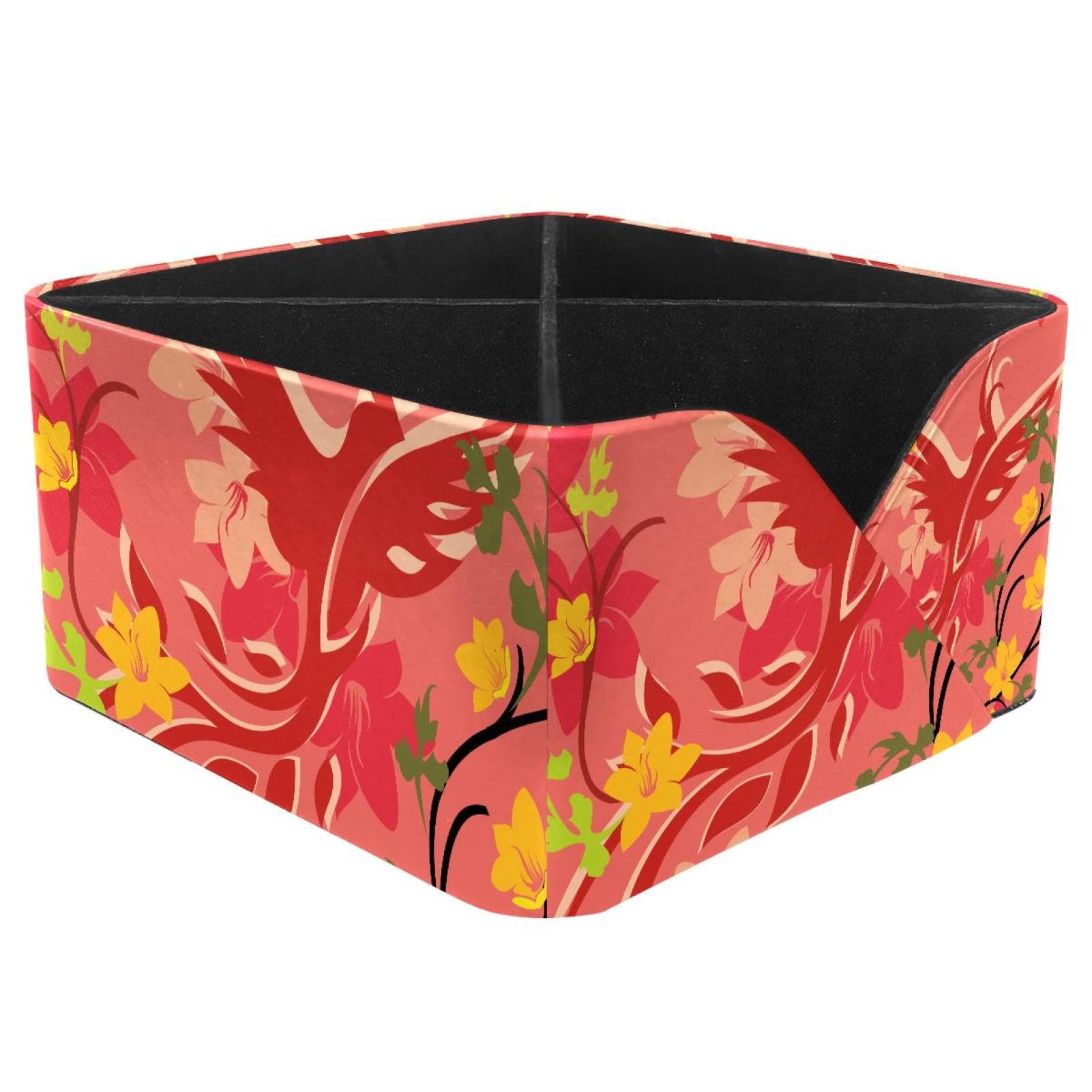 KengjuTesu Red Phoenix and Flowers Desktop Organizer Pen Holder, Rectangular Pencil Cup for Office, Study and Makeup Stations