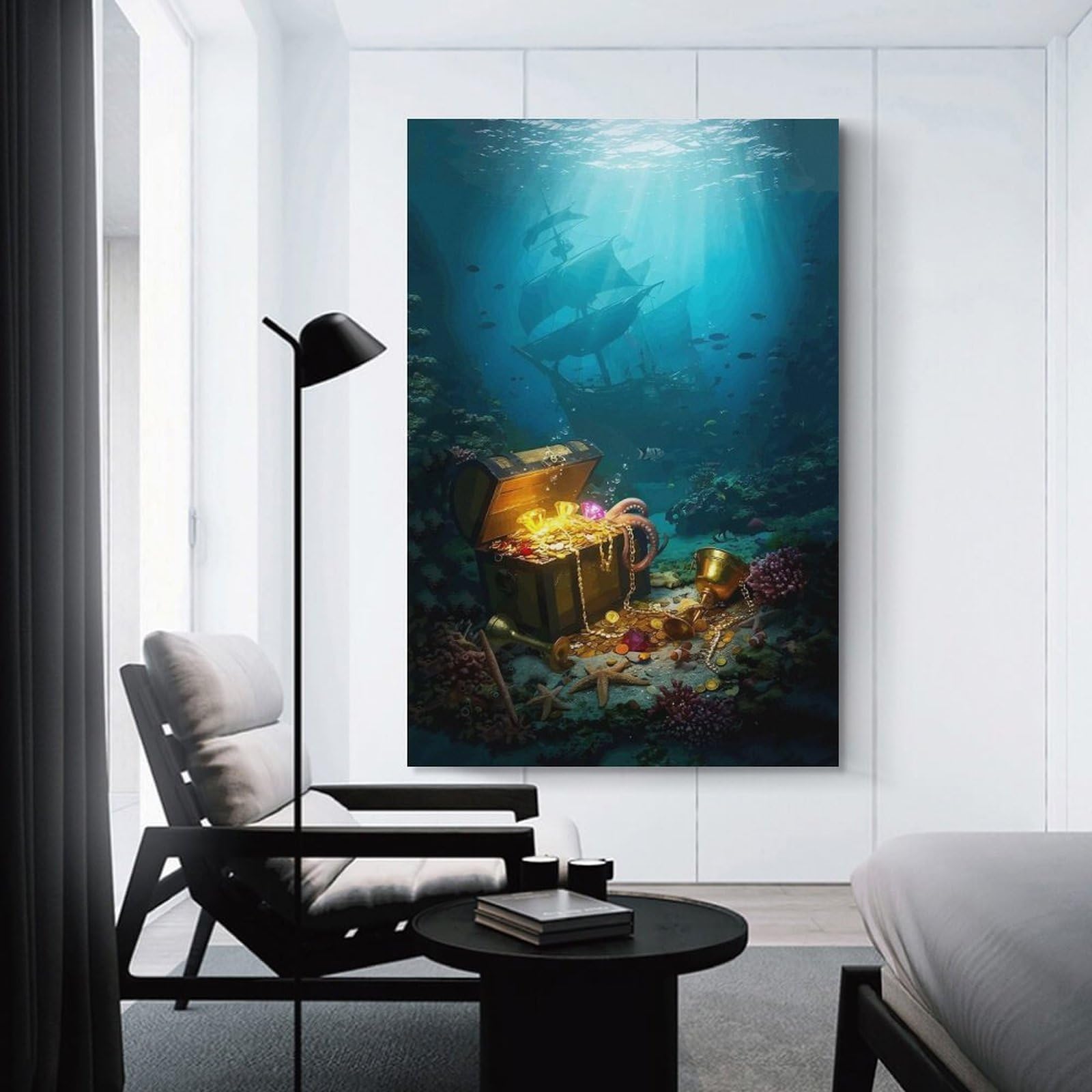 Junmoney Unframe-Style-17 Underwater Treasure Chest With Sunken Ships Hanging Wall Art 20X30inch(50X75cm), For Front Hall, Corridor Or Welcome Spaces, Wall Decor To Refresh Empty Corners