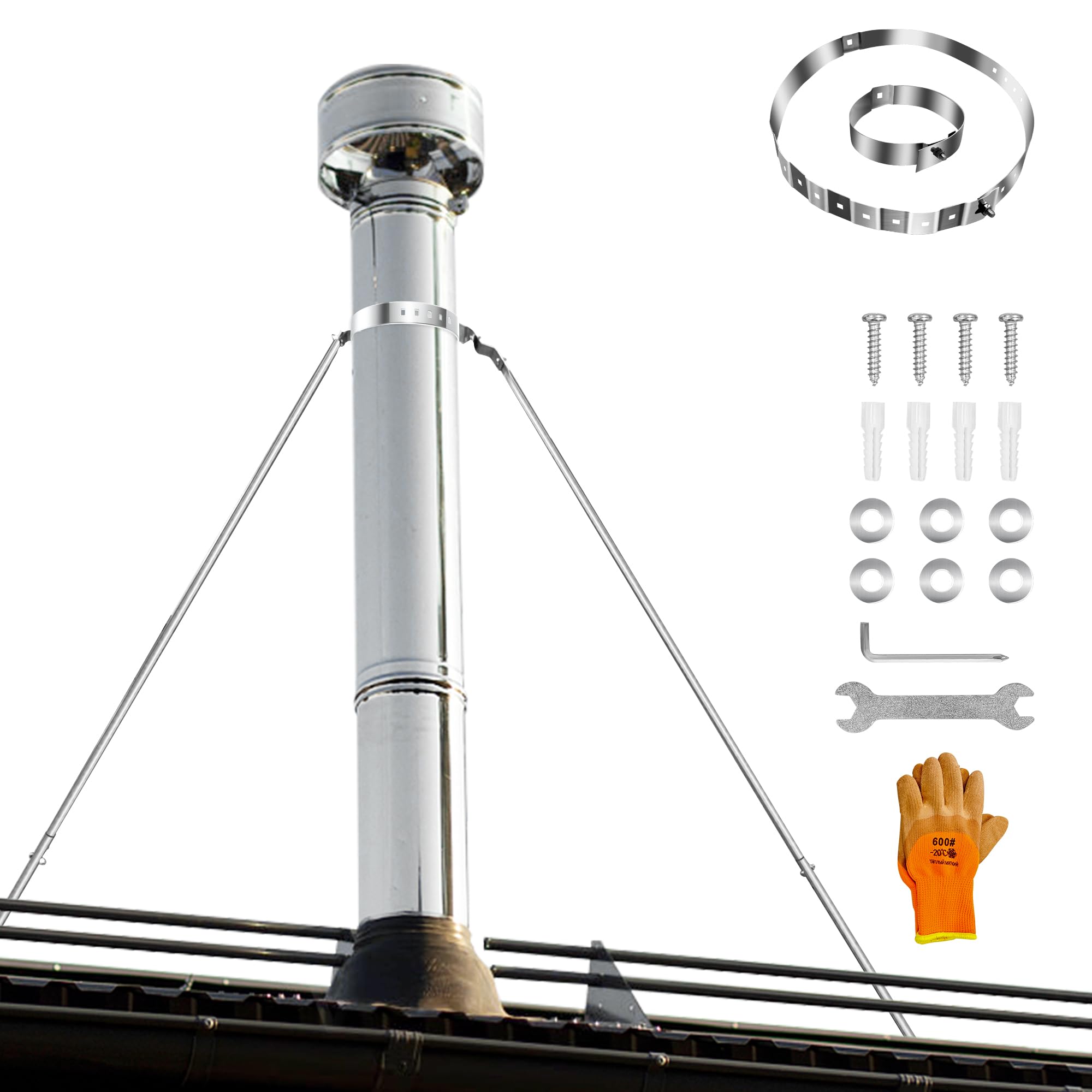 Extended Chimney Roof Bracket Stainless Steel Chimney Stove Pipe Bracket Support Kit for Stability, Adjustable Legs, Against Wind & Snow